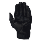 Guanti Alpinestars Celer V3, guanti da moto in pelle nera, vista del palmo che mostra la costruzione in pelle di capra, rinforzi imbottiti sul palmo, indice compatibile con touchscreen e logo Alpinestars