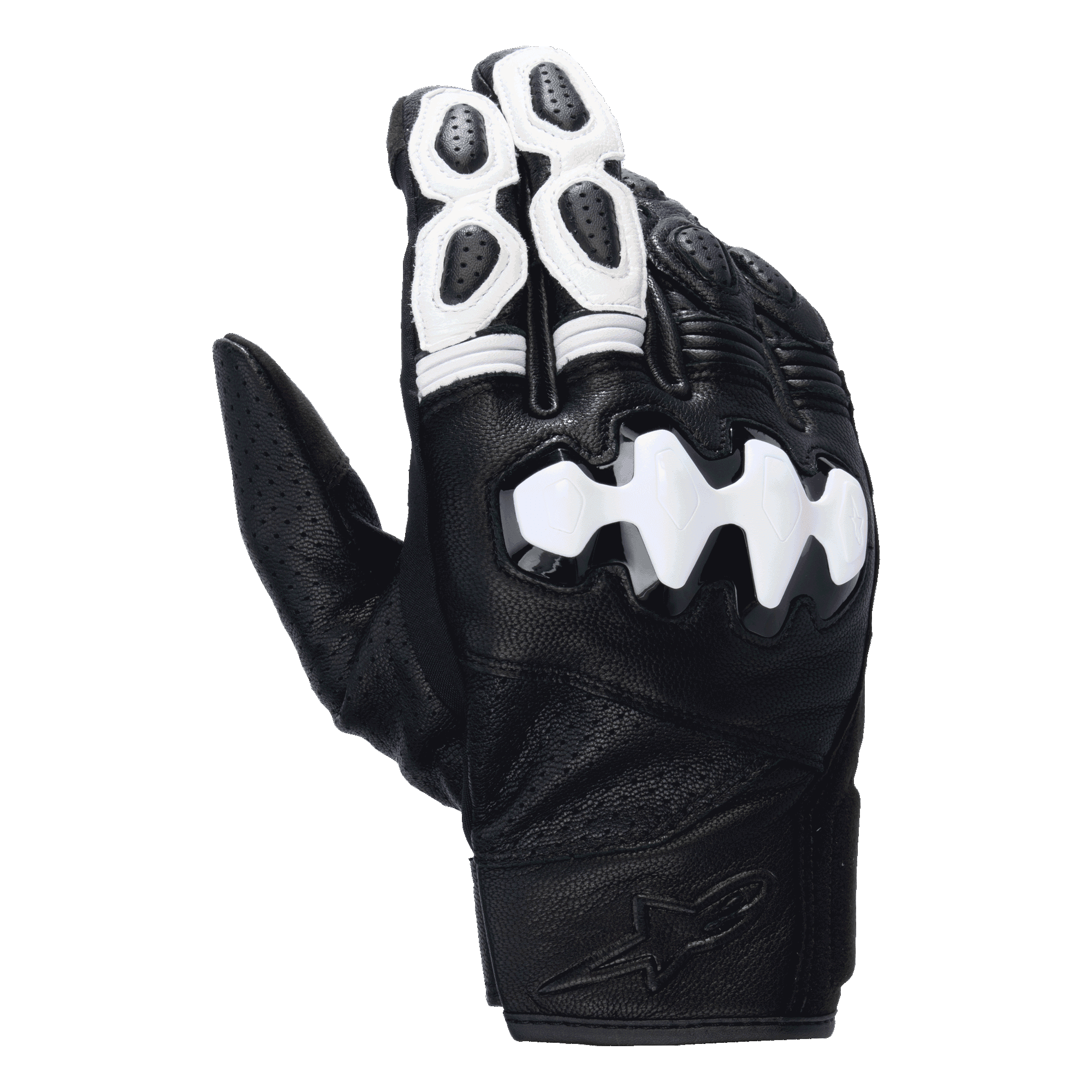 Guanti Alpinestars Celer V3, guanti da moto a polsino corto, nero e bianco, con protezione nocche rigida segmentata bianca, pelle di capra traforata, dettagli bianchi sulle dita e logo goffrato sul polso