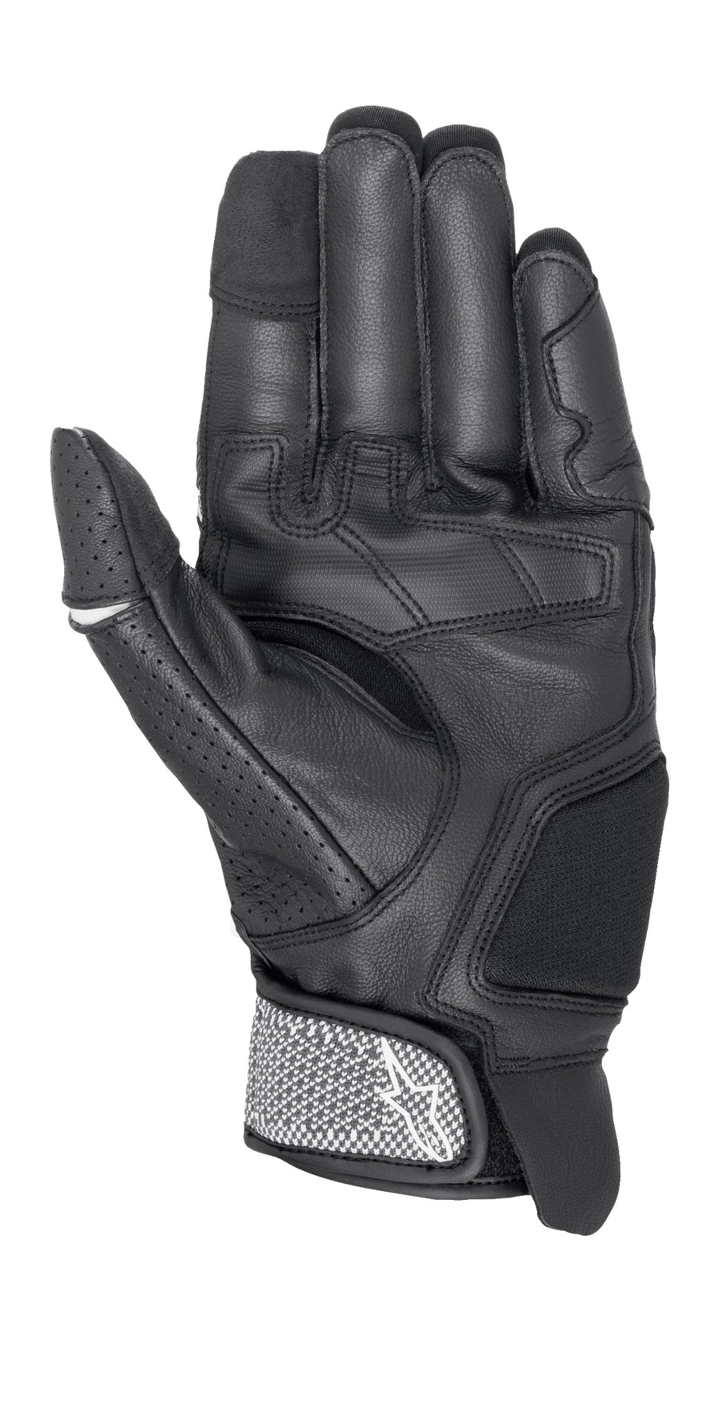 Guanti Alpinestars Morph Sport, guanti da moto, nero e bianco, vista del palmo che mostra i pannelli rinforzati, pollice traforato e cinturino del polso testurizzato con logo Alpinestars
