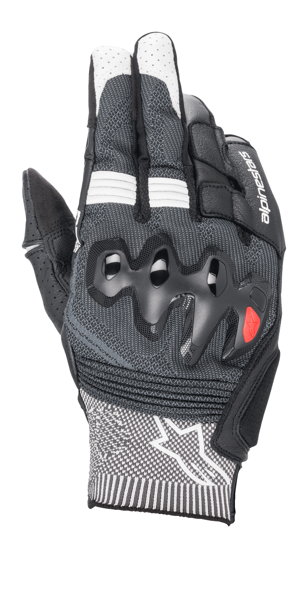 Guanti Alpinestars Morph Sport, guanti da moto, nero e bianco, con dorso in MorphTech Weave grigio, protezione nocche sovrainiettata, inserti RIDEKNIT e logo a stella bianco sul polsino