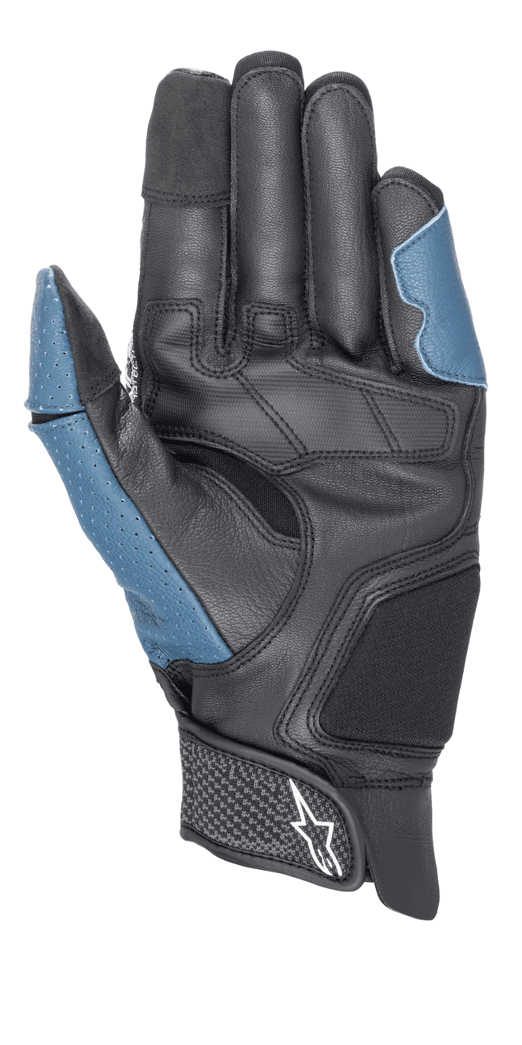Guanti Alpinestars Morph Sport, vista dal lato del palmo, Nero e Blu Sodalite, con palmo in pelle rinforzata, inserti blu traforati sul pollice e sul lato esterno, polsino corto con cinturino a strappo e logo Alpinestars, abbigliamento tecnico per guida sportiva e stradale