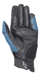 Guanti Alpinestars Morph Sport, vista dal lato del palmo, Nero e Blu Sodalite, con palmo in pelle rinforzata, inserti blu traforati sul pollice e sul lato esterno, polsino corto con cinturino a strappo e logo Alpinestars, abbigliamento tecnico per guida sportiva e stradale