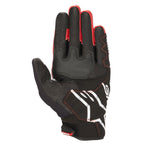 Guanti Alpinestars Honda SMX-2 Air Carbon V2, guanti da moto, nero e rosso, vista del palmo con struttura in pelle e mesh 3D, logo Alpinestars bianco, aree del palmo e del pollice rinforzate per il grip, design a polsino corto