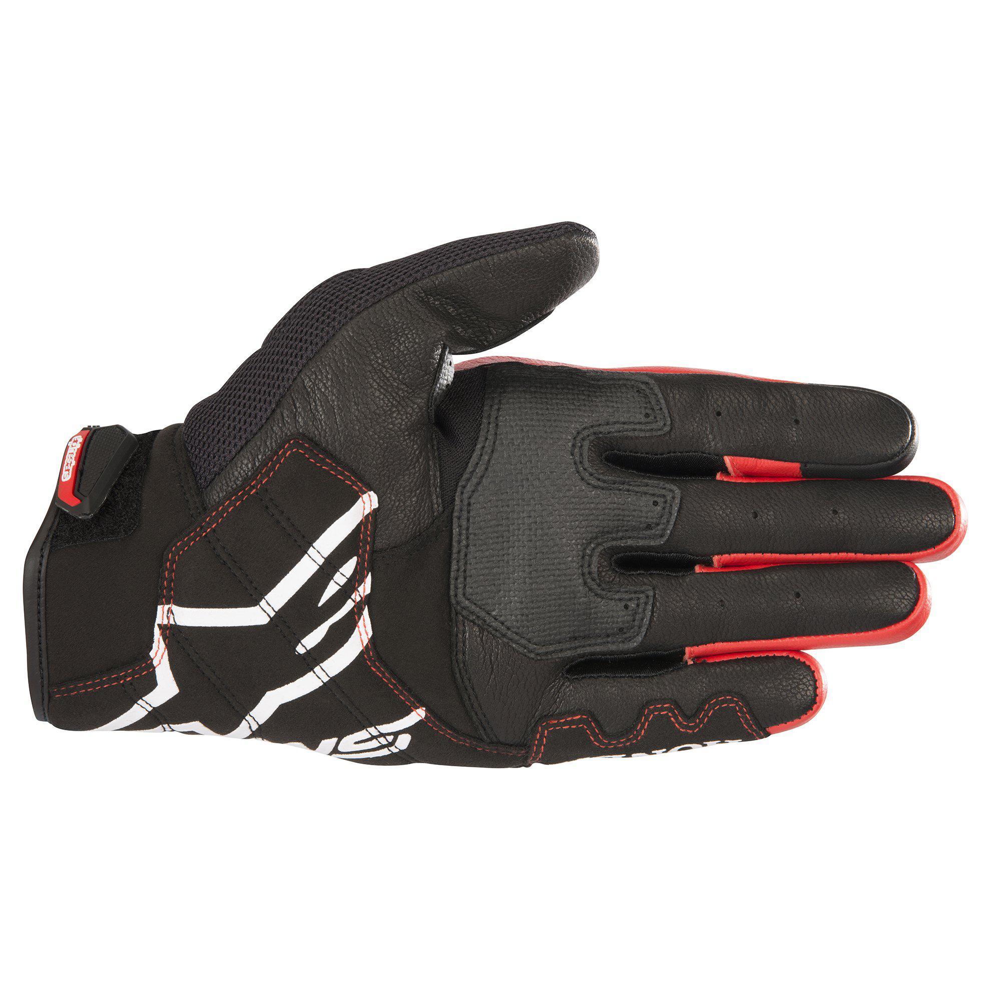 Guanti Alpinestars Honda SMX-2 Air Carbon V2, guanti da moto, nero e rosso, vista del palmo con struttura in pelle e mesh 3D, logo Alpinestars bianco, aree del palmo e del pollice rinforzate per il grip, design a polsino corto