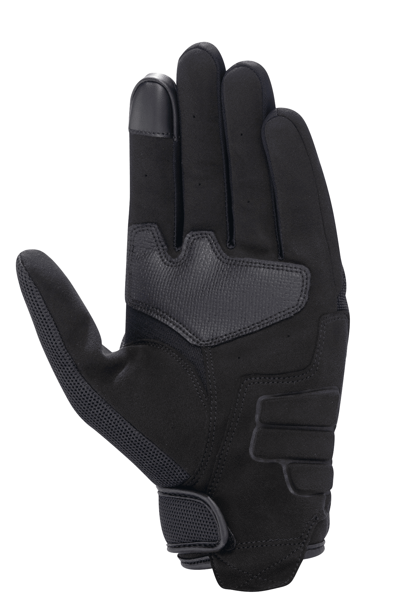 Guanto Alpinestars Honda Copper, Nero, vista del palmo di un guanto da moto urbano in camoscio sintetico, con area del palmo rinforzata, punta del dito compatibile con touchscreen e chiusura del polso a strappo.