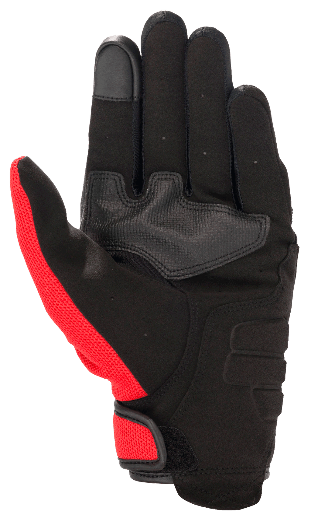 Guanto Alpinestars Honda Copper, guanto da moto urbano, nero con accenti rosso brillante, vista del palmo in camoscio sintetico, rinforzo sul palmo, polpastrello compatibile con touchscreen e chiusura a strappo.