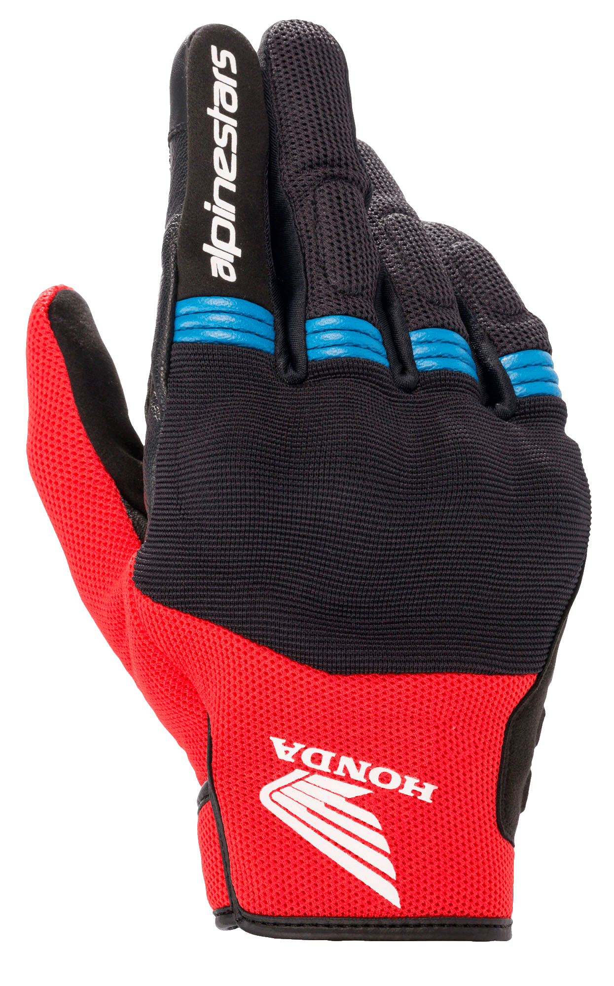 Alpinestars Honda Copper Glove, guanti da moto, nero e rosso acceso con accenti blu, logo Honda ad ala sul dorso, marchio Alpinestars sull'indice, costruzione in mesh con dettagli a fisarmonica sulle dita, stile urbano a polsino corto