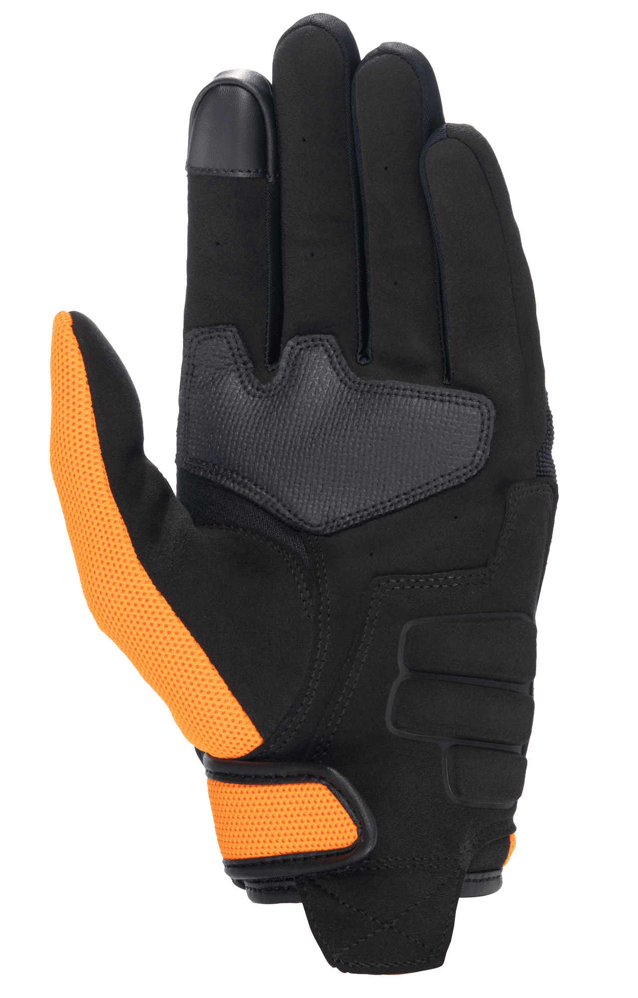 Guanti Honda Copper, guanto da moto, nero e arancione, vista del palmo con palmo in camoscio sintetico, pollice in mesh arancione, cinturino al polso e punta dell'indice compatibile con touchscreen.