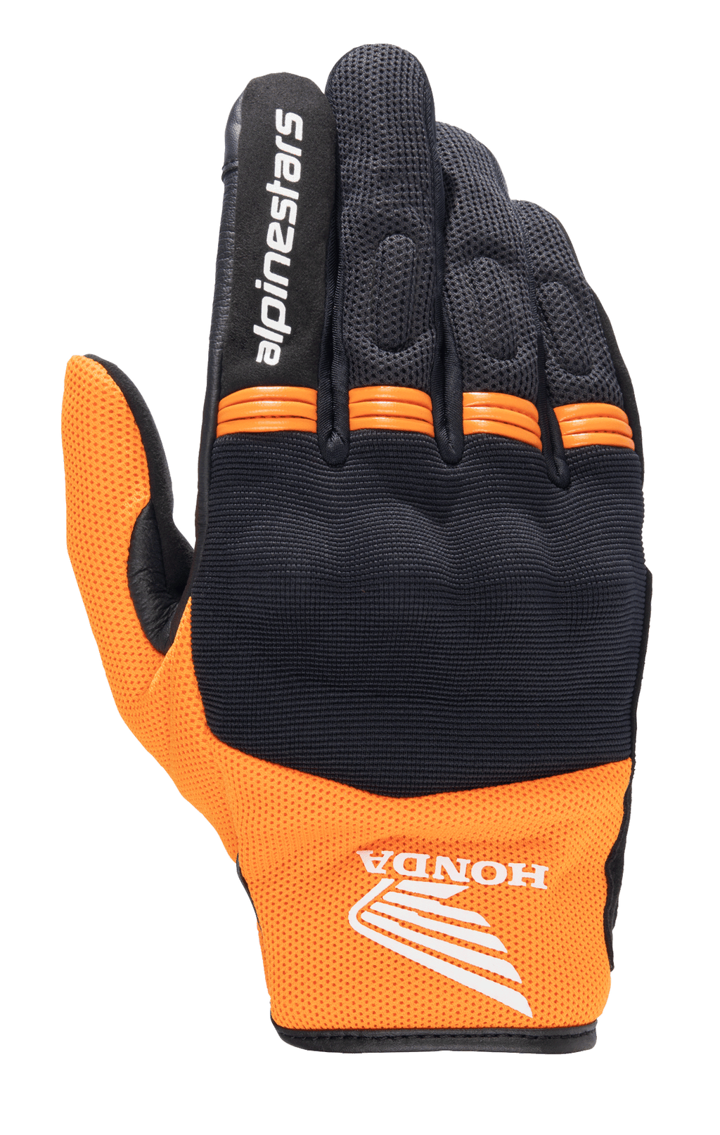 Alpinestars Honda Copper Glove, guanto da moto urbano leggero, nero e arancione, con logo Honda ad ala sul polso, scritta Alpinestars sull'indice, struttura in mesh e pannelli a fisarmonica arancioni sulle nocche.