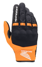 Alpinestars Honda Copper Glove, guanto da moto urbano leggero, nero e arancione, con logo Honda ad ala sul polso, scritta Alpinestars sull'indice, struttura in mesh e pannelli a fisarmonica arancioni sulle nocche.