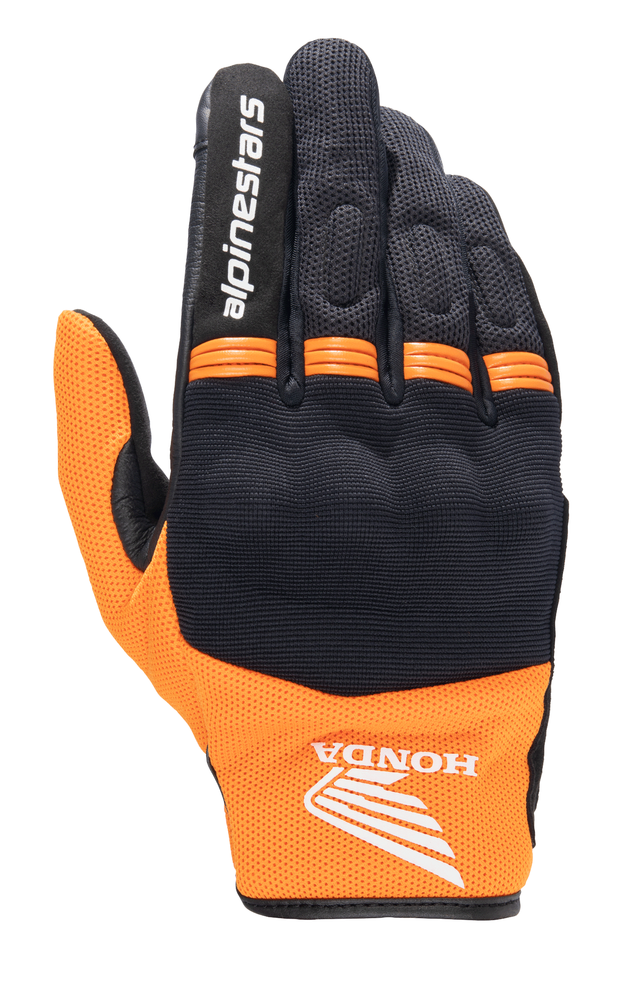 Alpinestars Honda Copper Glove, guanto da moto urbano leggero, nero e arancione, con logo Honda ad ala sul polso, scritta Alpinestars sull'indice, struttura in mesh e pannelli a fisarmonica arancioni sulle nocche.