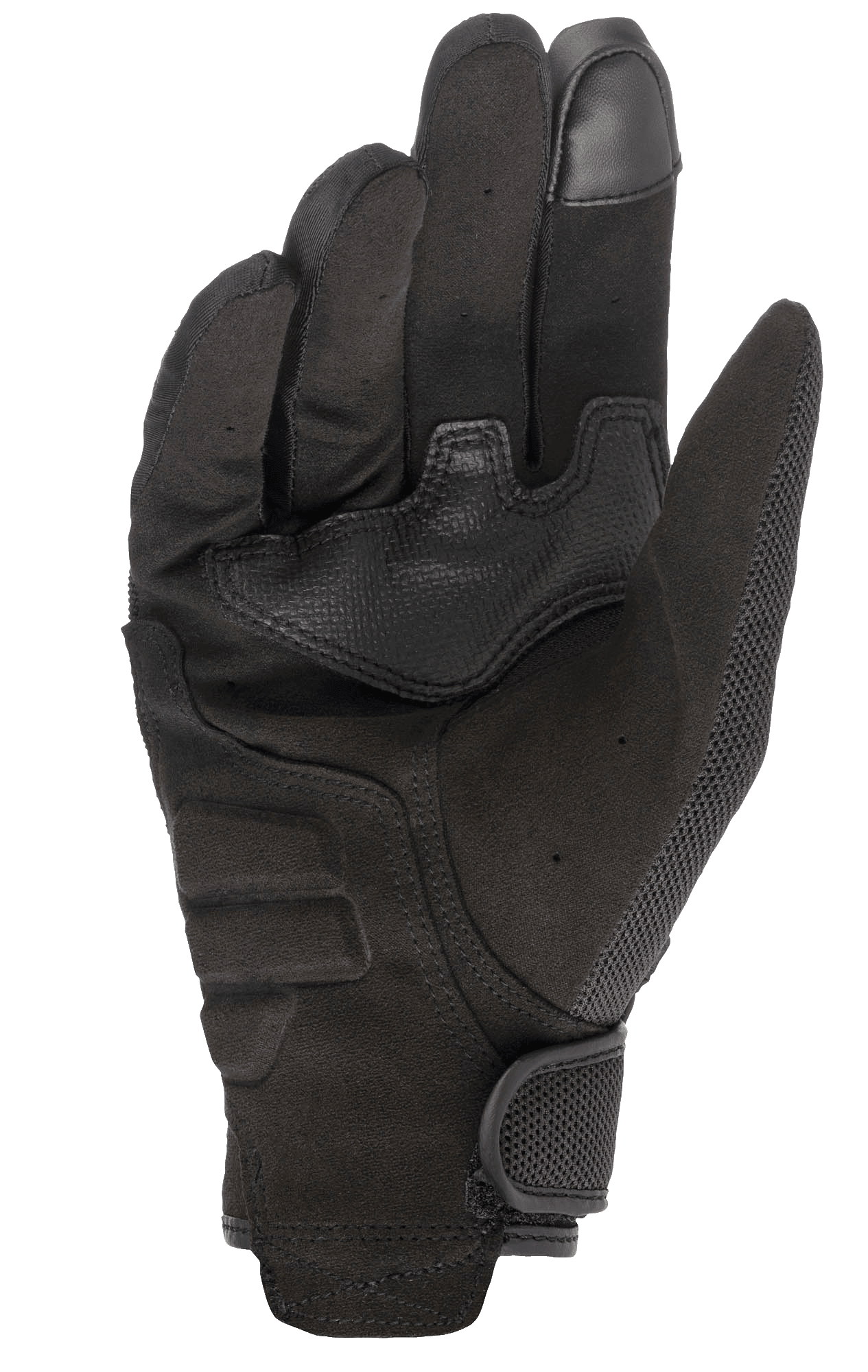 Guanti Alpinestars Copper, guanti da moto urban, nero, vista lato palmo in camoscio sintetico, punta del dito compatibile con touchscreen, imbottitura del palmo rinforzata e chiusura sicura del polso con gancio e asola