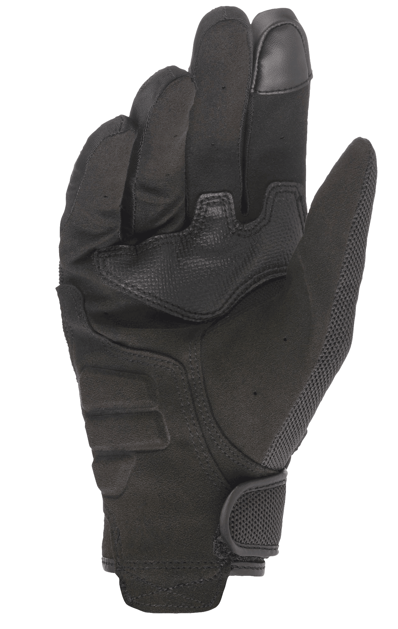 Guanti Alpinestars Copper, guanti da moto urbani, nero, vista del palmo che mostra la costruzione in camoscio sintetico, sezioni di grip rinforzate, punta del dito compatibile con touchscreen e chiusura del polso regolabile con gancio e asola