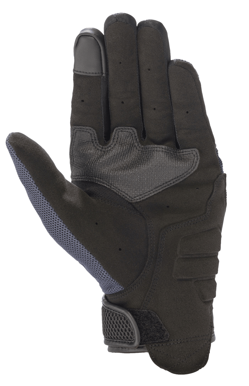 Guanti Alpinestars Copper, guanti da moto, Mood Indigo, vista del palmo con costruzione interamente in camoscio sintetico, imbottitura rinforzata, punta del dito compatibile con touchscreen e pannello in mesh sul pollice per una protezione urbana leggera.