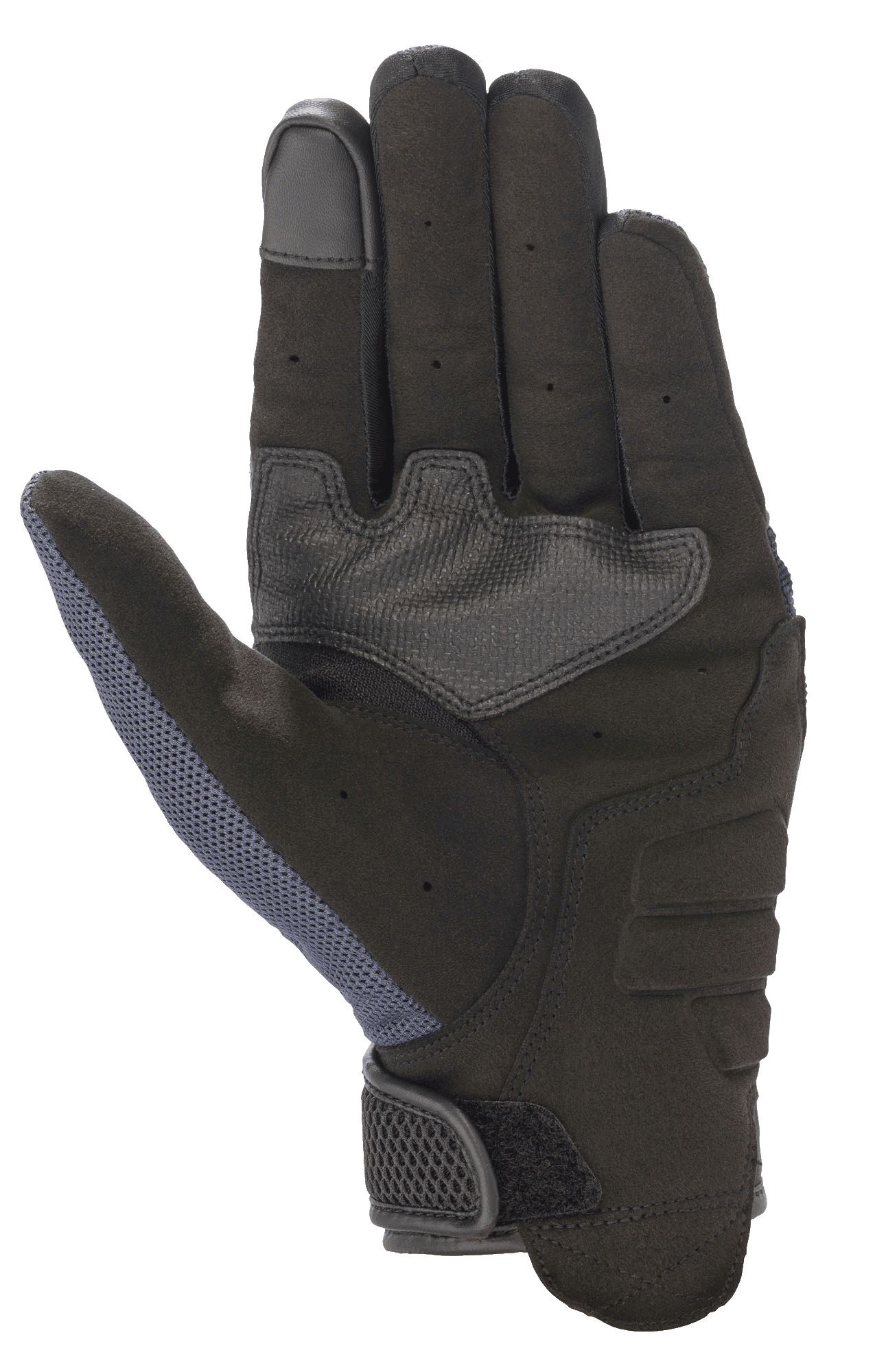 Guanti Alpinestars Copper, guanti da moto, Mood Indigo, vista del palmo con costruzione interamente in camoscio sintetico, imbottitura rinforzata, punta del dito compatibile con touchscreen e pannello in mesh sul pollice per una protezione urbana leggera.
