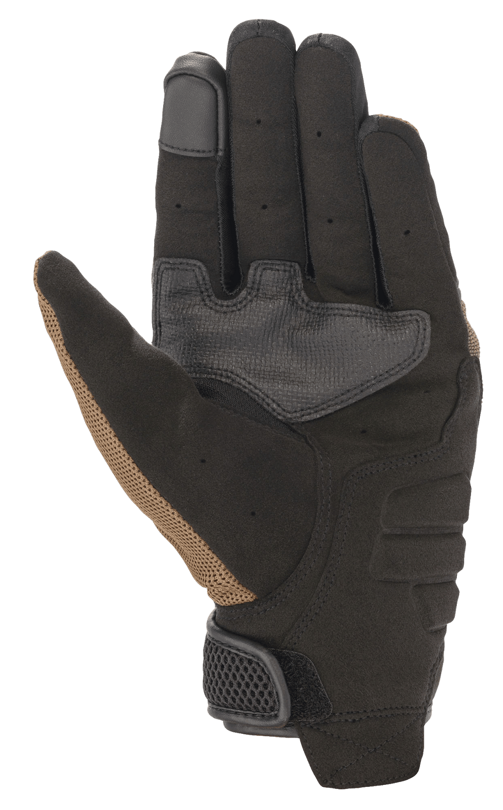 Alpinestars Copper Gloves, guanti da moto urbani, teak e nero, vista del palmo con costruzione in camoscio sintetico, pannelli rinforzati per il grip, punta del dito compatibile con touchscreen e dettagli traforati sulle dita