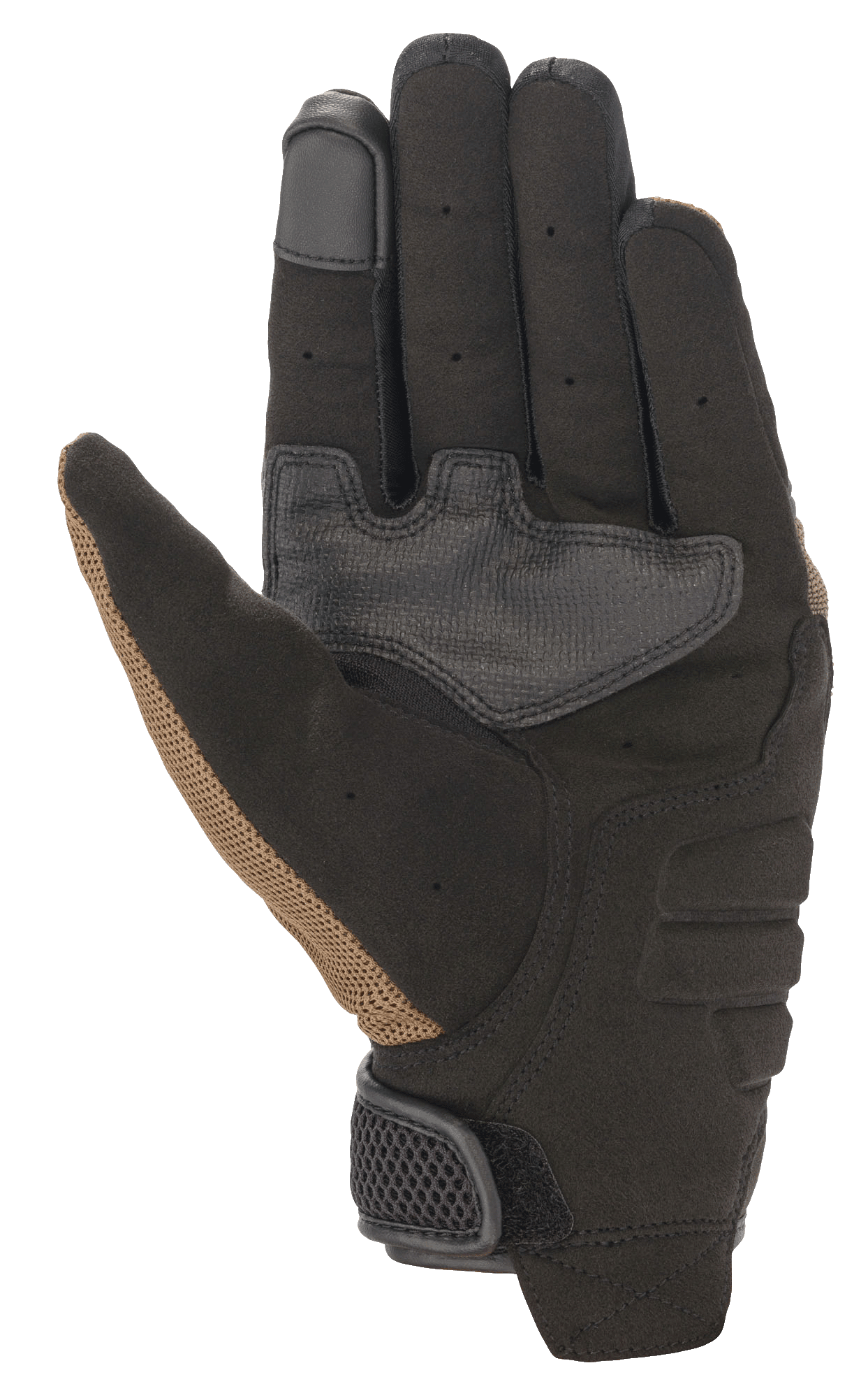 Alpinestars Copper Gloves, guanti da moto urbani, teak e nero, vista del palmo con costruzione in camoscio sintetico, pannelli rinforzati per il grip, punta del dito compatibile con touchscreen e dettagli traforati sulle dita