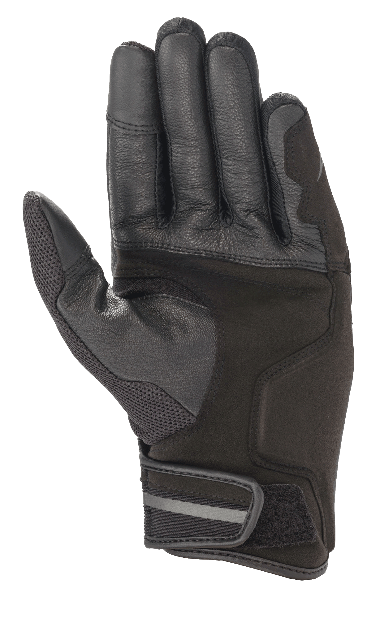 Guanti Alpinestars Chrome, guanti da moto, colorazione Black Forest, vista del palmo con struttura in pelle rinforzata e camoscio sintetico, inserto in mesh sul pollice, polsino corto con chiusura in velcro regolabile e dettaglio riflettente.
