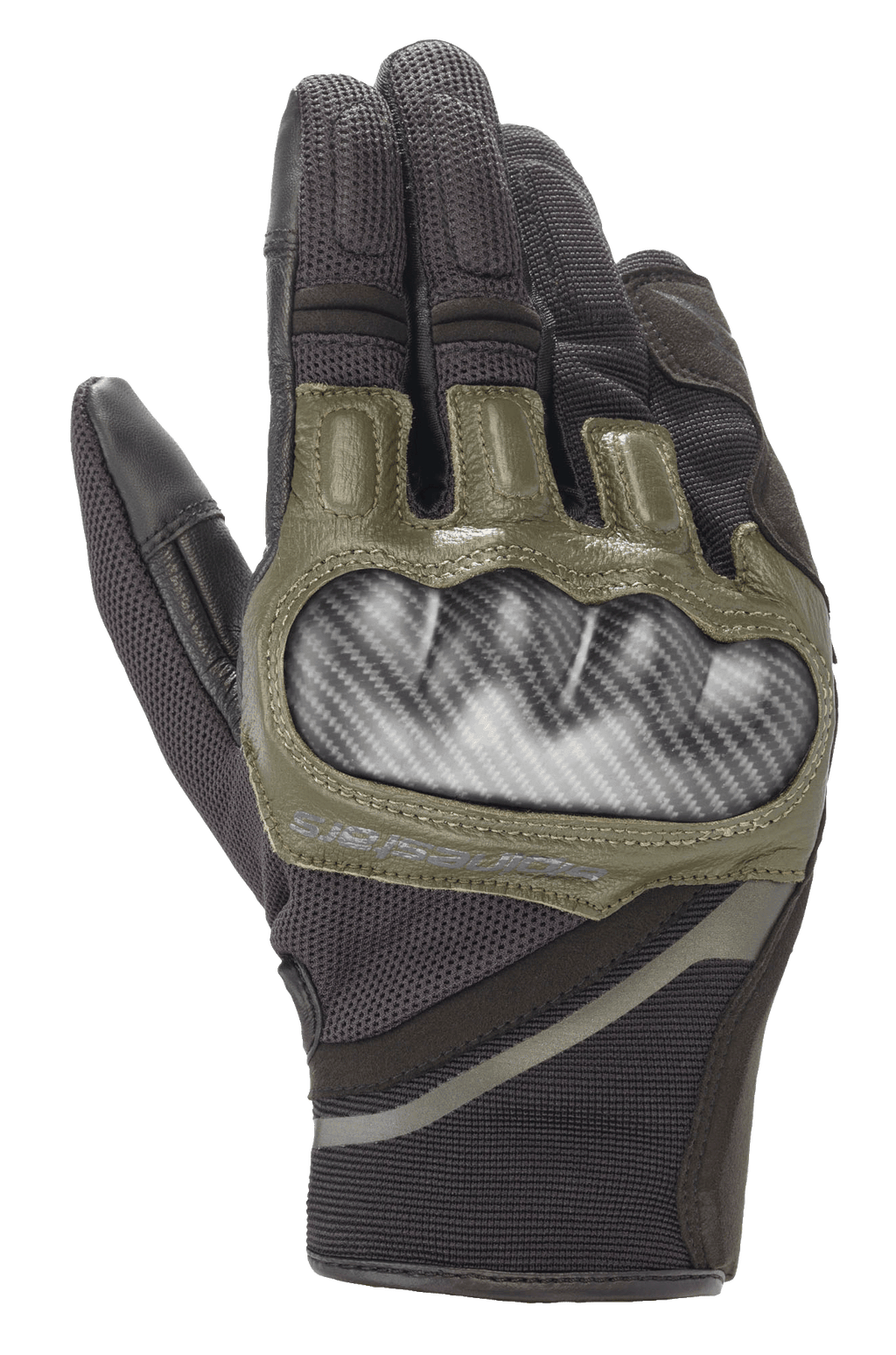 Alpinestars Chrome Gloves, guanti da moto, nero e verde foresta, protezione rigida per le nocche carbon-look, dettagli in pelle verde oliva, struttura in tessuto multi-pannello resistente