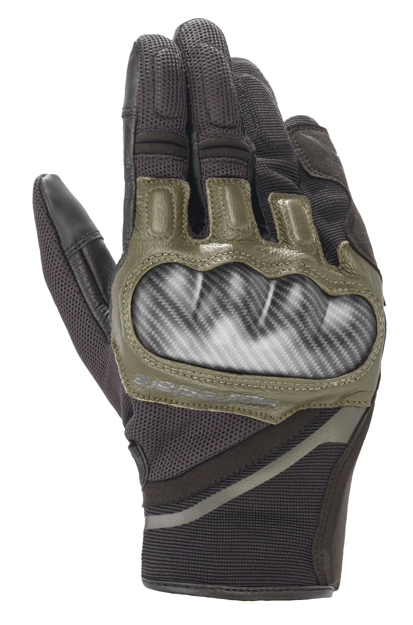 Alpinestars Chrome Gloves, guanti da moto, nero e verde foresta, protezione rigida per le nocche carbon-look, dettagli in pelle verde oliva, struttura in tessuto multi-pannello resistente