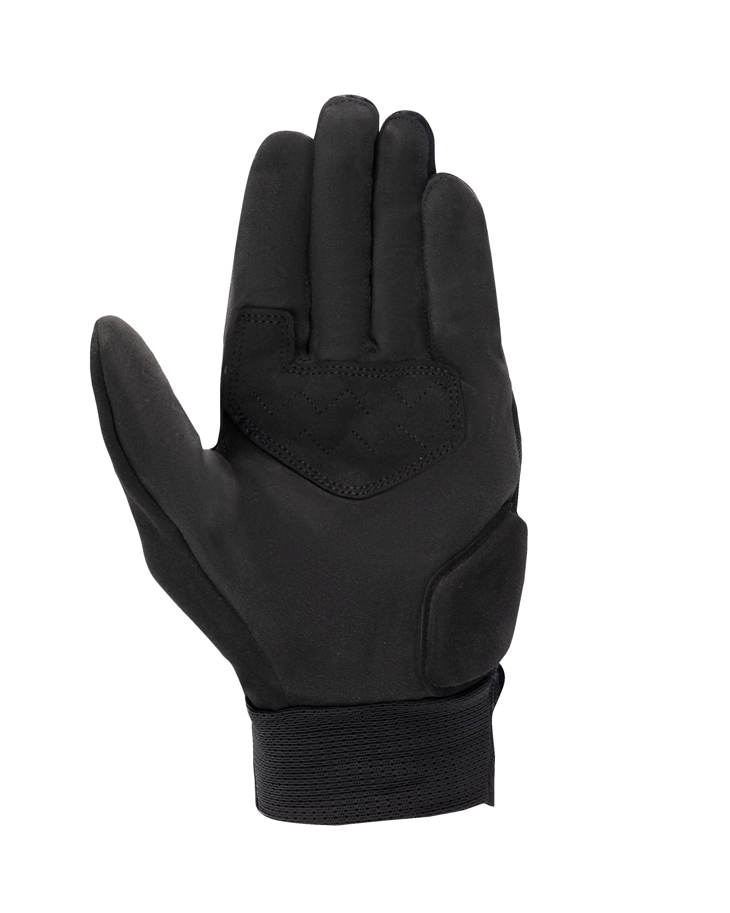 Alpinestars Stated Air Gloves, guanti da moto, nero, vista del palmo con costruzione in camoscio sintetico, rinforzo sul palmo con cuciture a zigzag e polsino elastico a costine, abbigliamento da guida urbana estiva