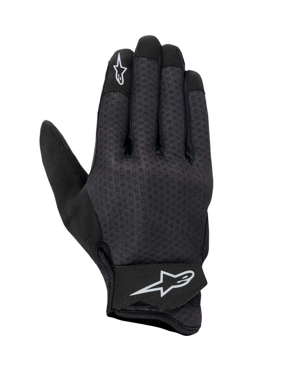 Alpinestars Stated Air Gloves, guanti da moto neri, dorso in mesh per la massima ventilazione, loghi a stella bianchi su indice e cinturino, chiusura in velcro regolabile, materiale sintetico leggero, design urbano aerodinamico
