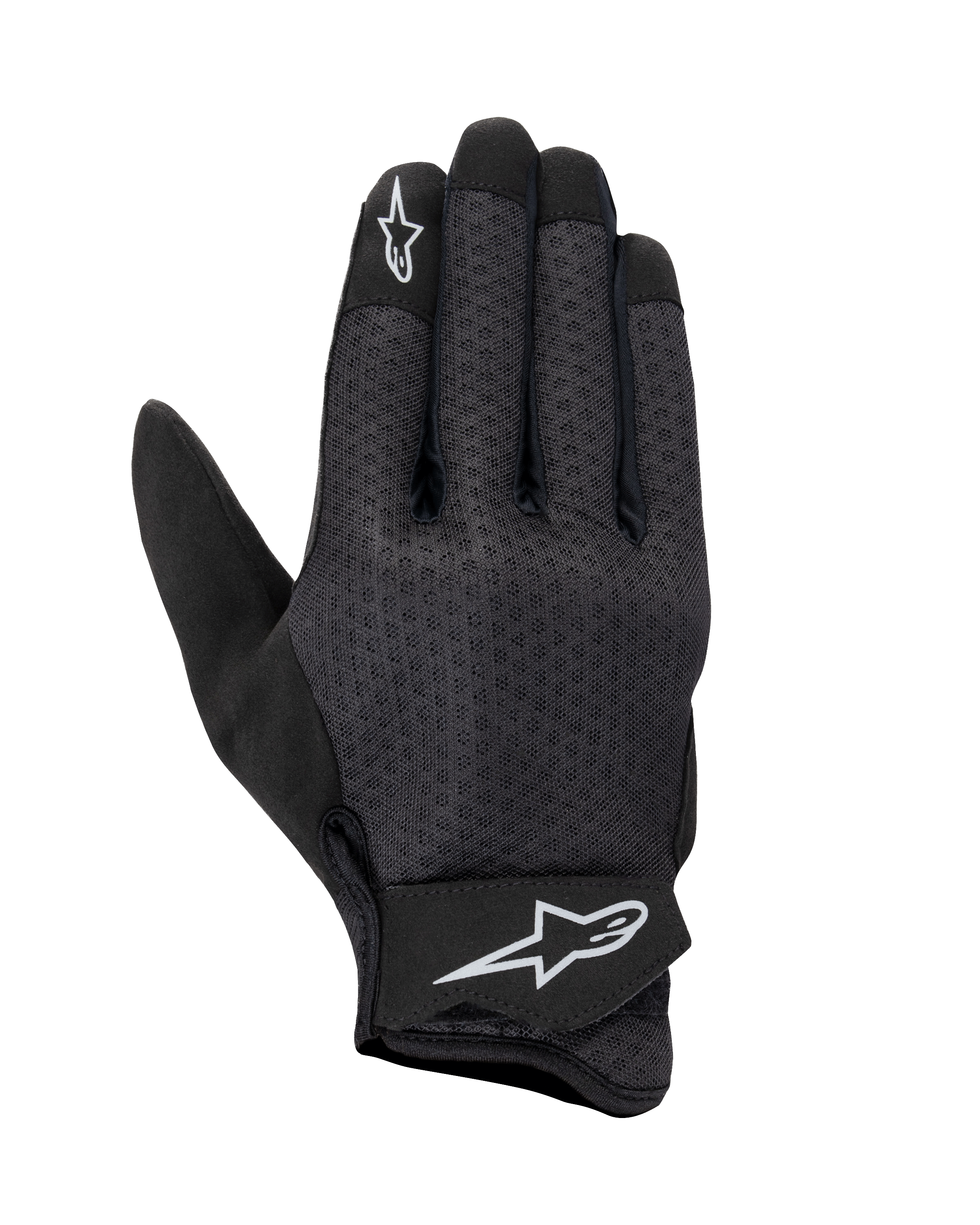 Alpinestars Stated Air Gloves, guanti da moto neri, dorso in mesh per la massima ventilazione, loghi a stella bianchi su indice e cinturino, chiusura in velcro regolabile, materiale sintetico leggero, design urbano aerodinamico