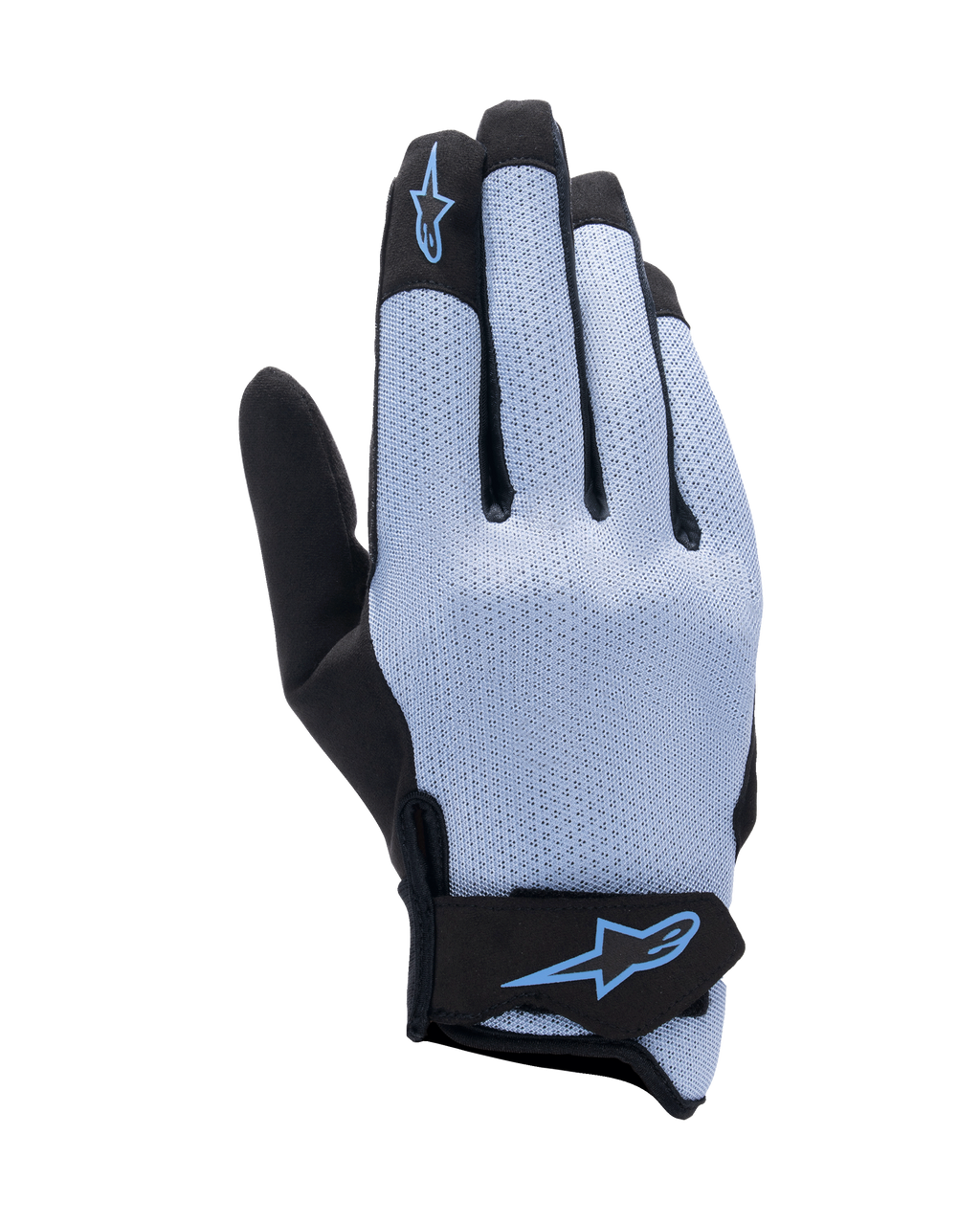 Alpinestars Stated Air Gloves, guanti da moto, blu stonewash e nero, dorso in airprene elasticizzato con texture traforata, logo a stella blu su indice e chiusura del polso, design leggero e traspirante per la guida estiva