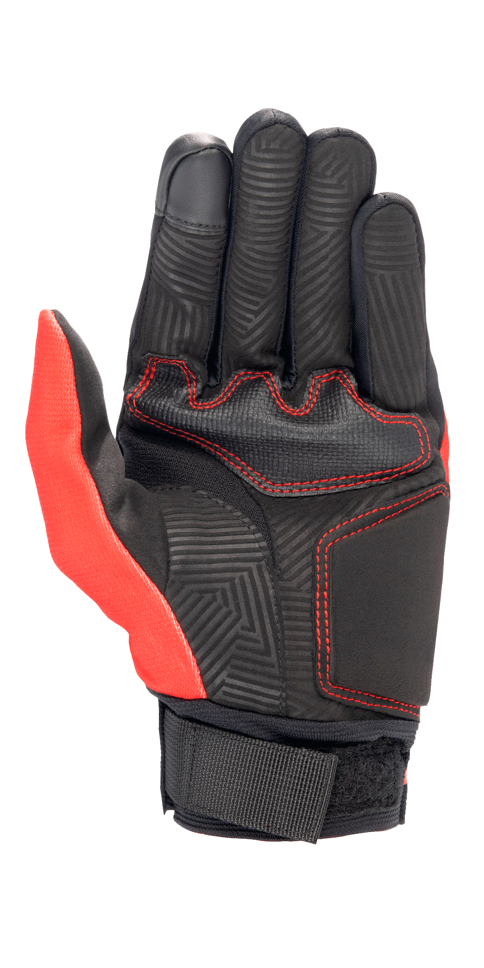 Guanti Alpinestars Aragon in rosso acceso e nero, vista del palmo con costruzione in camoscio sintetico, cuciture rosse a contrasto, timbro a caldo con motivo a labirinto su dita e palmo e cinturino da polso in tessuto nero.