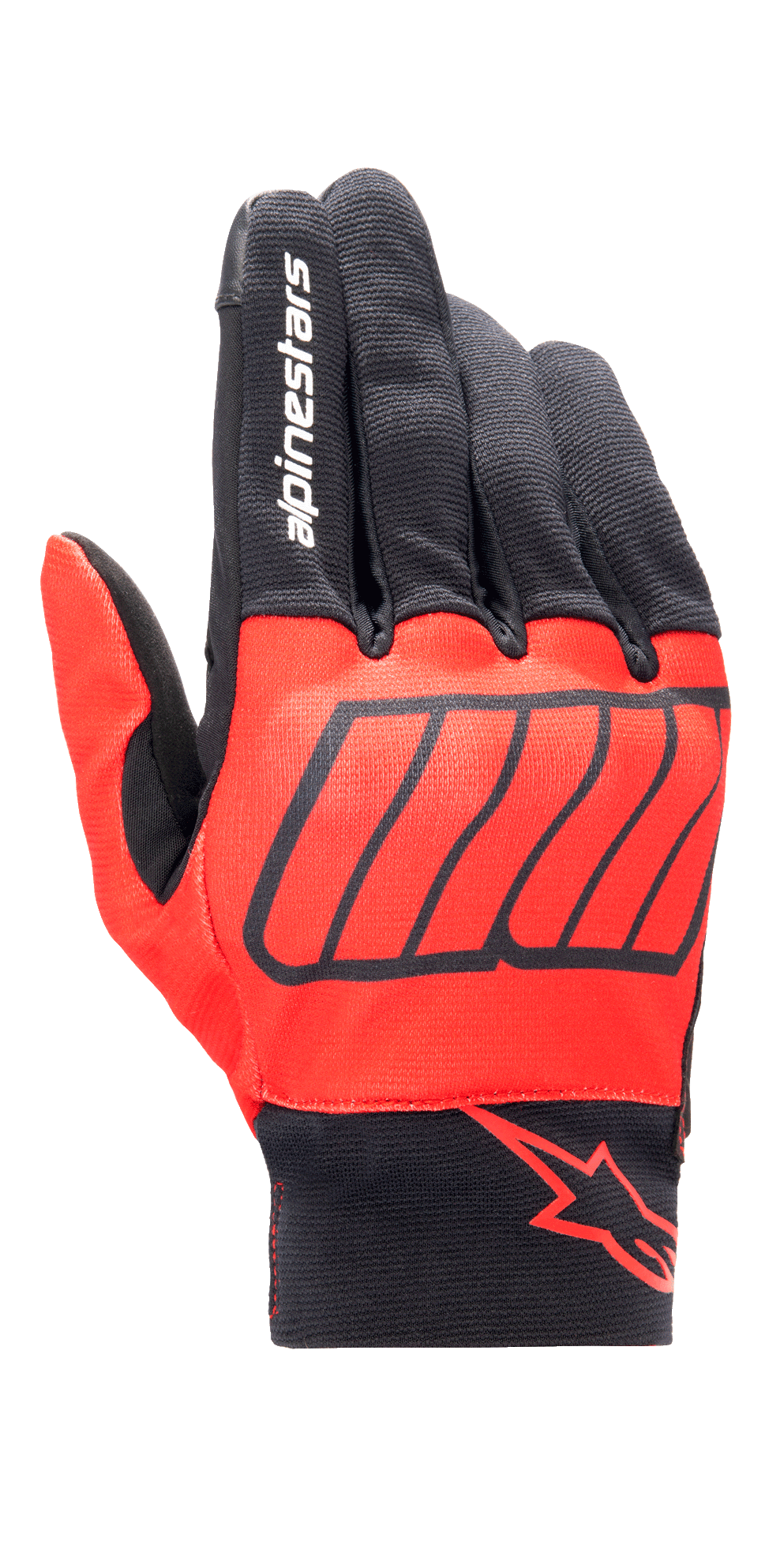 Guanto Alpinestars Aragon, guanti da moto, rosso acceso e nero, collezione Marc Marquez MM93, con marchio Alpinestars bianco sull'indice e logo a stella rosso sul polso, tessuto elasticizzato testurizzato con grafiche diagonali, design per guida urbana