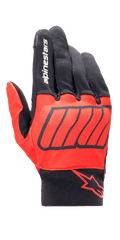 Guanto Alpinestars Aragon, guanti da moto, rosso acceso e nero, collezione Marc Marquez MM93, con marchio Alpinestars bianco sull'indice e logo a stella rosso sul polso, tessuto elasticizzato testurizzato con grafiche diagonali, design per guida urbana