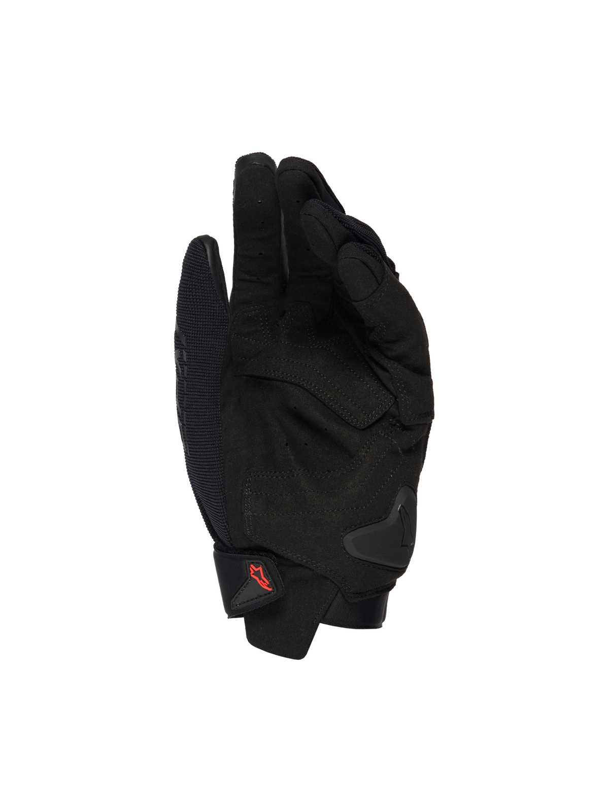 Guanti Alpinestars SP X 1, guanti da moto neri, vista del palmo con sovrapposizioni in pelle sintetica, zone d'impatto rinforzate, slider del palmo in TPR, chiusura del polsino corta con logo rosso, protezione per guida sportiva
