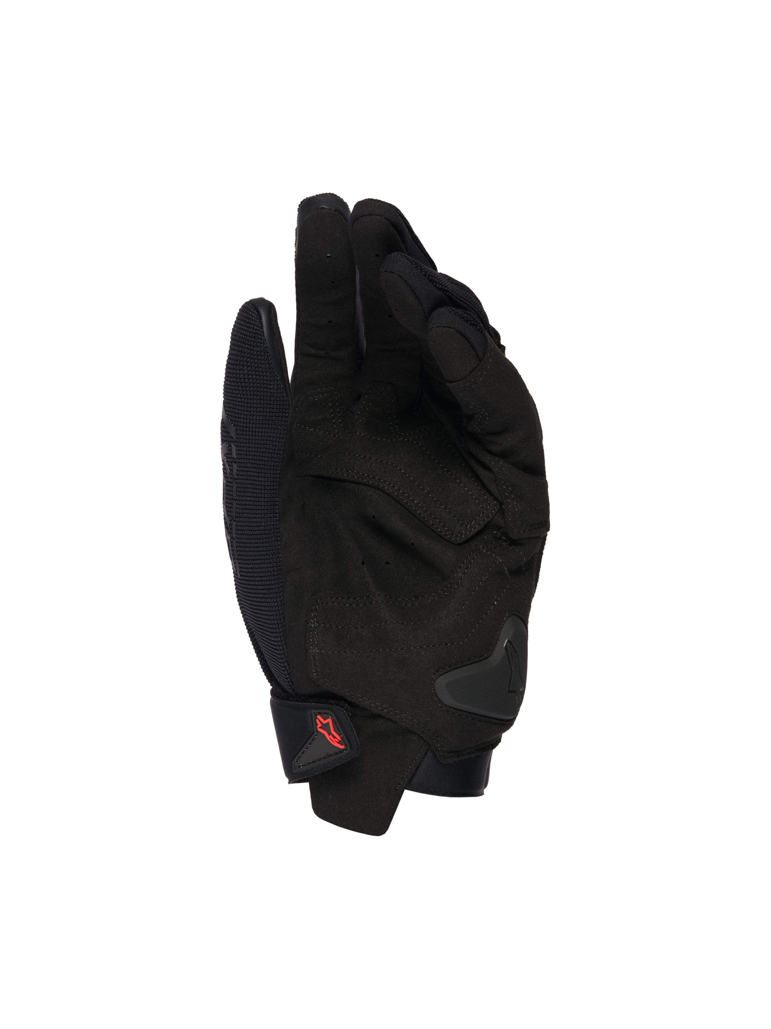 Guanti Alpinestars SP X 1, guanti da moto neri, vista del palmo con sovrapposizioni in pelle sintetica, zone d'impatto rinforzate, slider del palmo in TPR, chiusura del polsino corta con logo rosso, protezione per guida sportiva