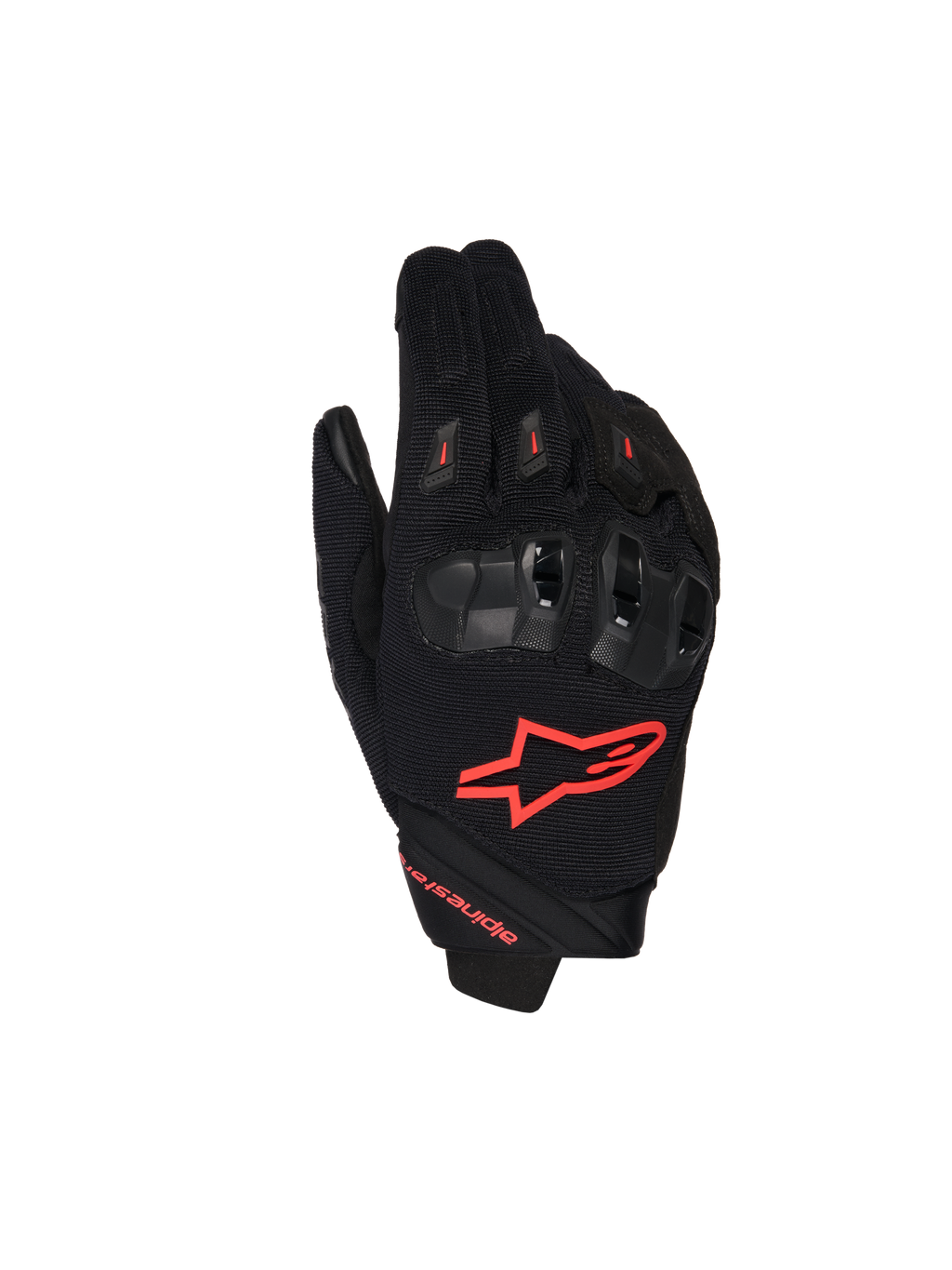 Guanti Alpinestars SP X 1, guanti da moto racing, nero e rosso fluo, con logo rosso sul dorso, protezioni nocche nere ergonomiche, struttura in tessuto mesh e design elegante a polsino corto per guida sportiva