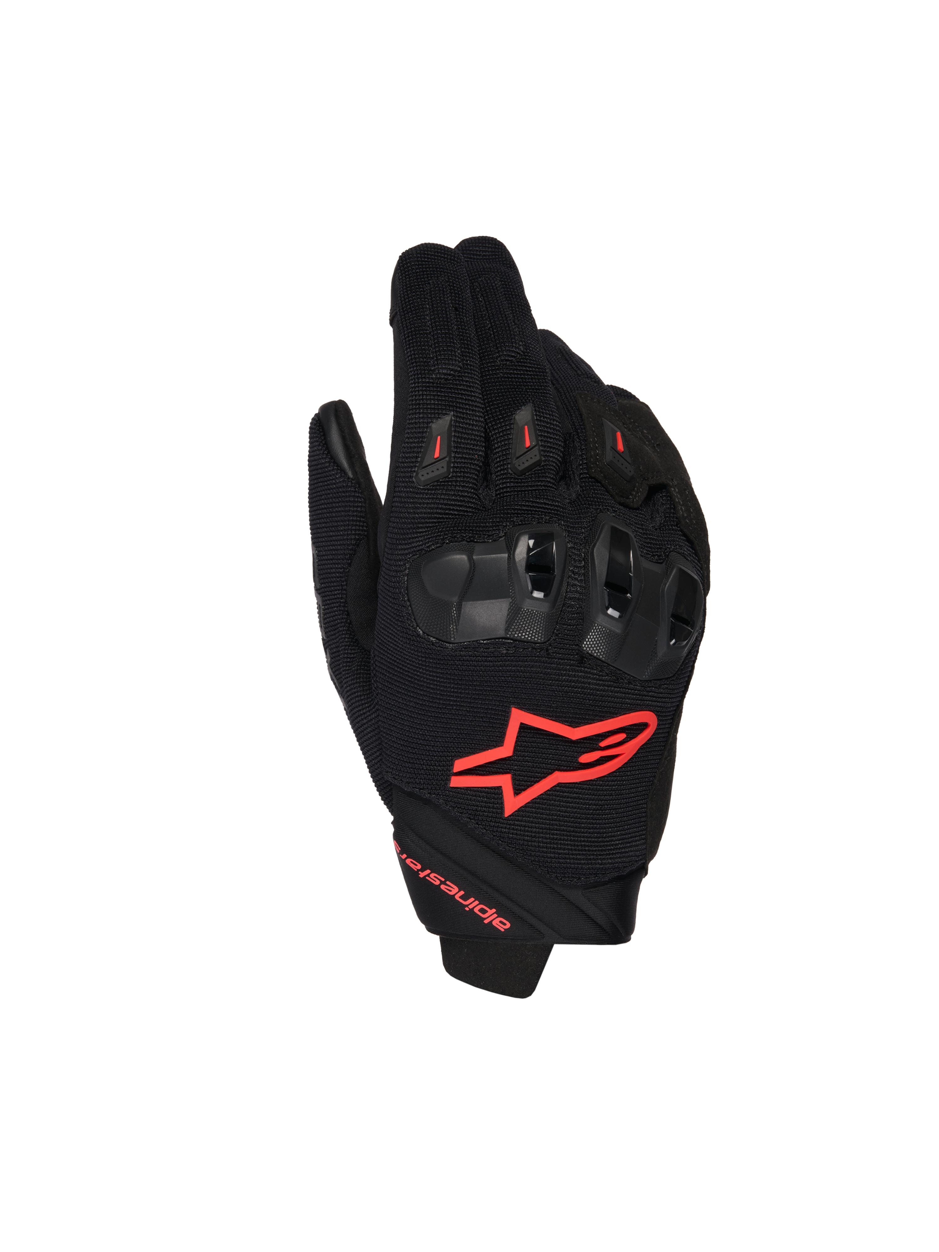 Guanti Alpinestars SP X 1, guanti da moto racing, nero e rosso fluo, con logo rosso sul dorso, protezioni nocche nere ergonomiche, struttura in tessuto mesh e design elegante a polsino corto per guida sportiva