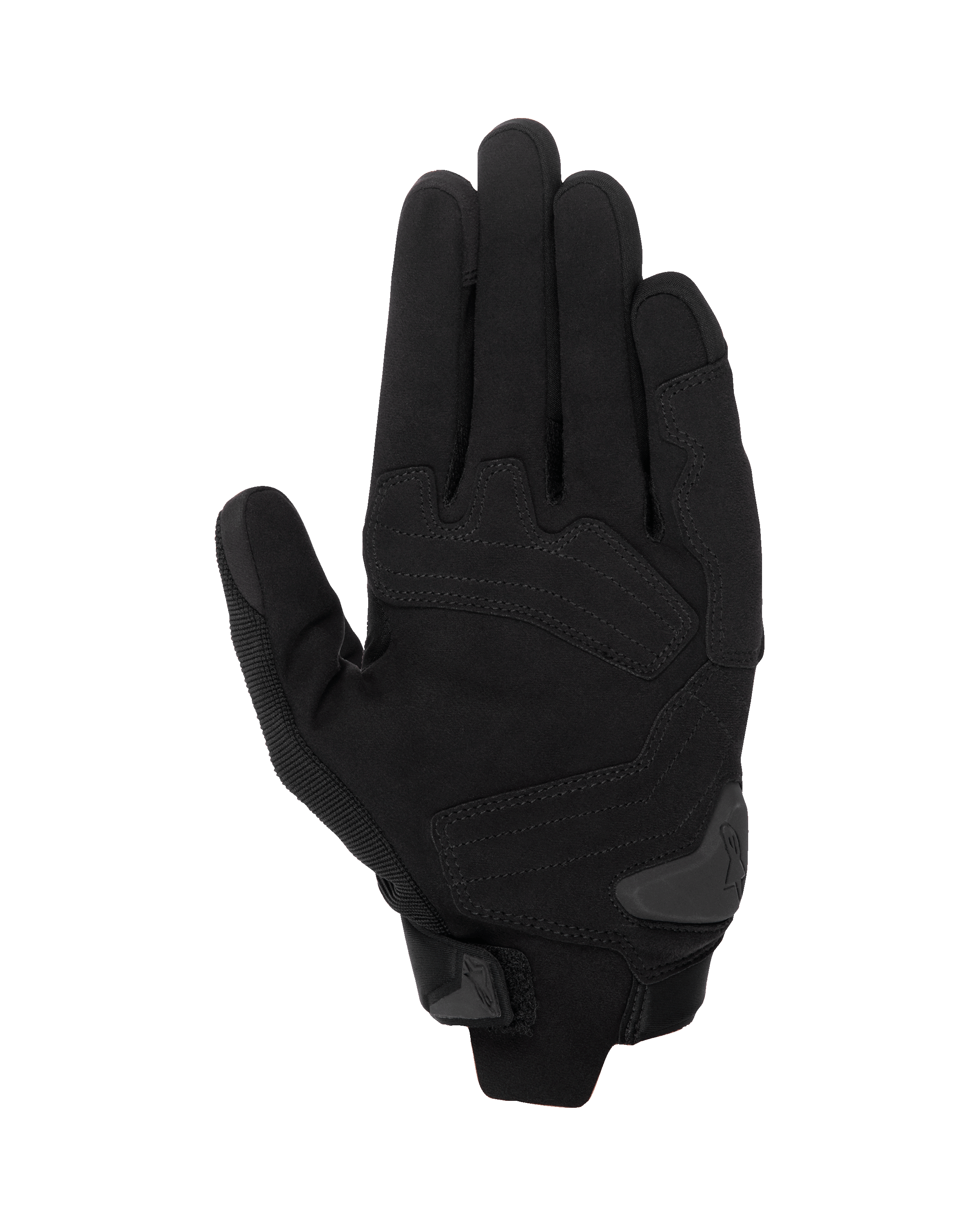 Guanti Alpinestars SP X 1, guanti da moto Nero/Nero, vista del palmo con costruzione in pelle sintetica e zone d'impatto rinforzate, slider del palmo in TPR e chiusura del polsino compatta