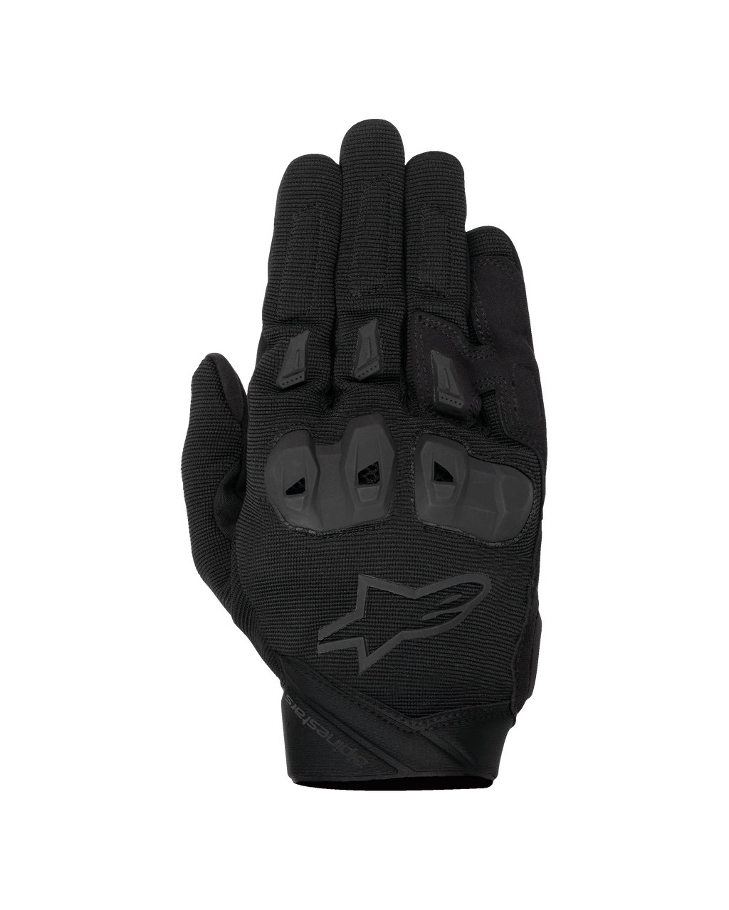 Alpinestars SP X 1 Gloves, guanti da moto sportivi neri, dorso in tessuto elasticizzato testurizzato, logo a stella nero tono su tono, protezioni nocche in TPR integrate e slider sulle dita, design sportivo resistente