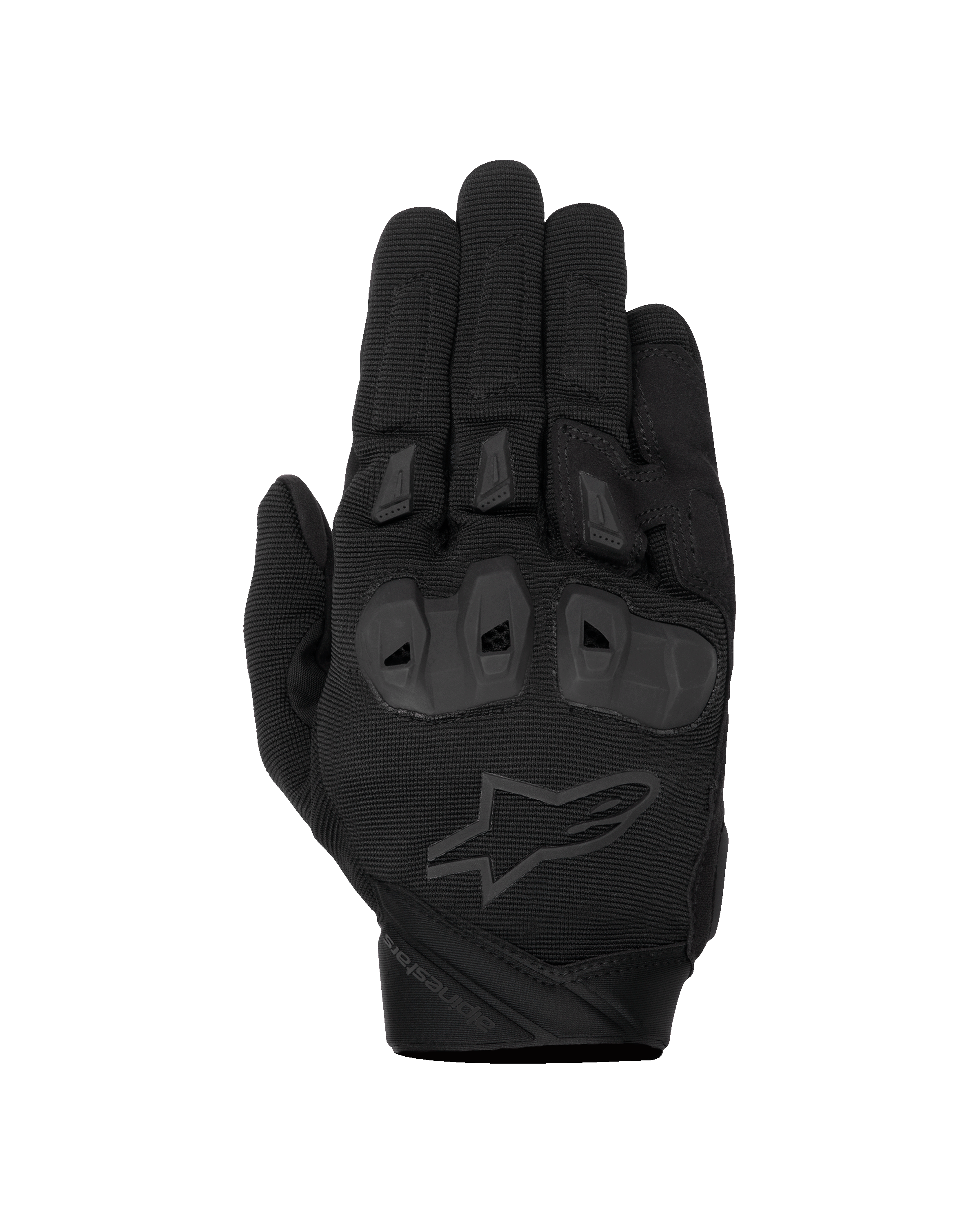 Alpinestars SP X 1 Gloves, guanti da moto sportivi neri, dorso in tessuto elasticizzato testurizzato, logo a stella nero tono su tono, protezioni nocche in TPR integrate e slider sulle dita, design sportivo resistente