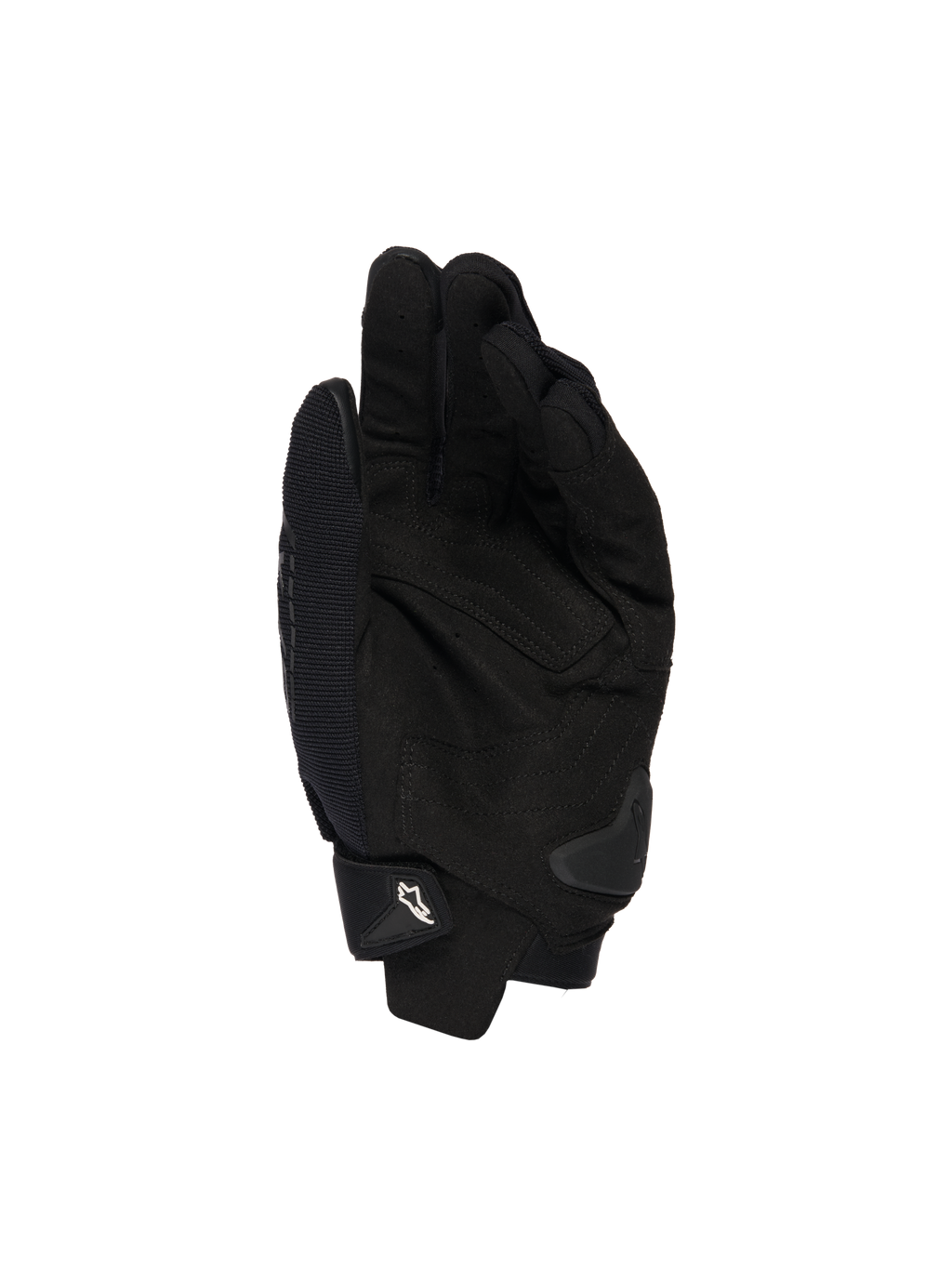 Guanti Alpinestars SP X 1, nero, vista del palmo con costruzione in pelle sintetica per la presa, slider del palmo in TPR per la protezione dagli impatti e polsino regolabile con logo Alpinestars bianco, equipaggiamento sportivo da moto