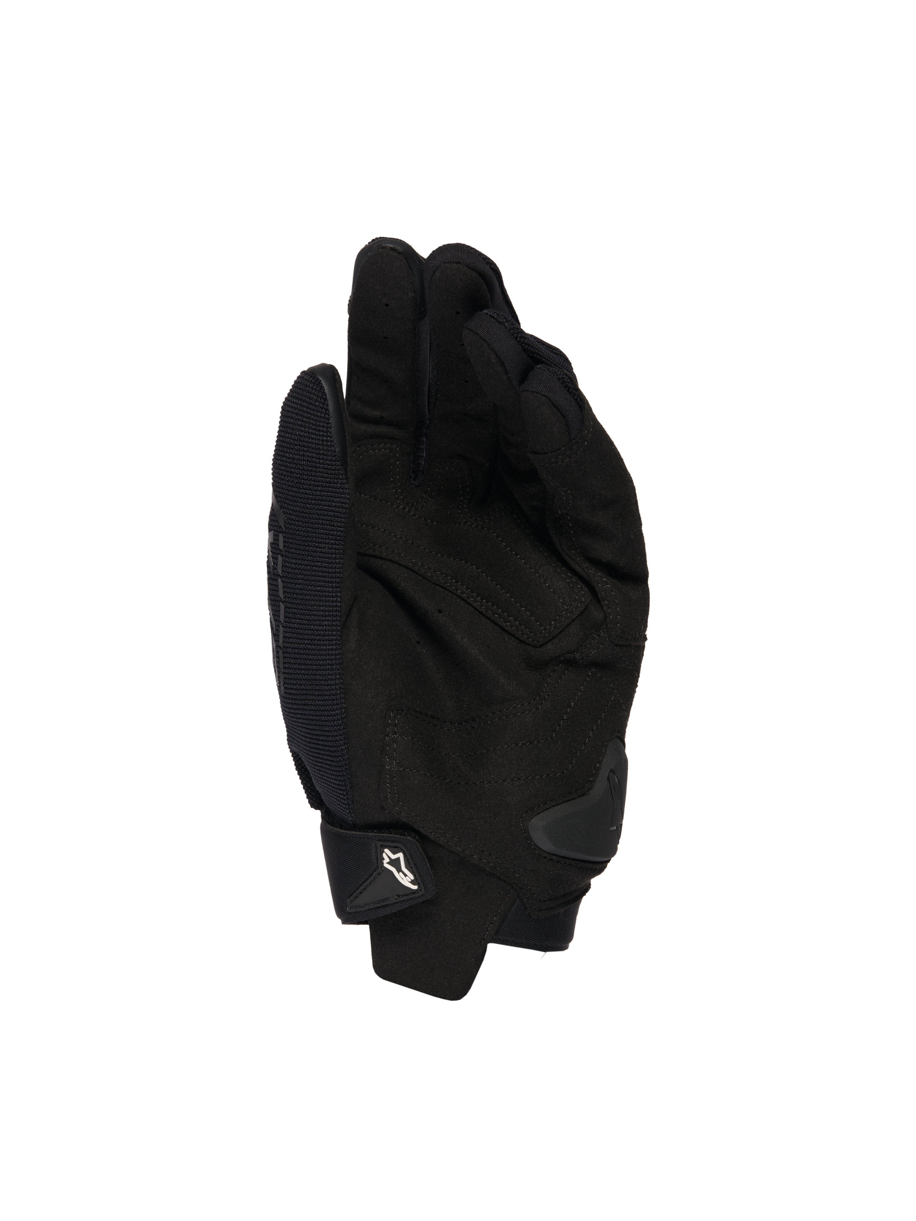 Guanti Alpinestars SP X 1, nero, vista del palmo con costruzione in pelle sintetica per la presa, slider del palmo in TPR per la protezione dagli impatti e polsino regolabile con logo Alpinestars bianco, equipaggiamento sportivo da moto