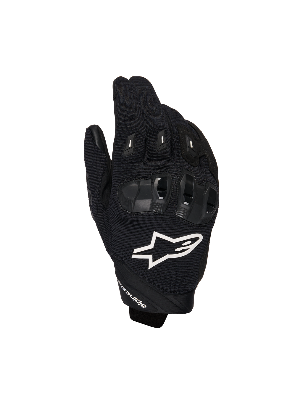Guanti Alpinestars SP X 1, guanti sportivi da moto, neri con logo bianco, vista dall'alto che mostra la protezione delle nocche in TPR e il tessuto in mesh ventilato, abbigliamento protettivo per guida su strada e sportiva