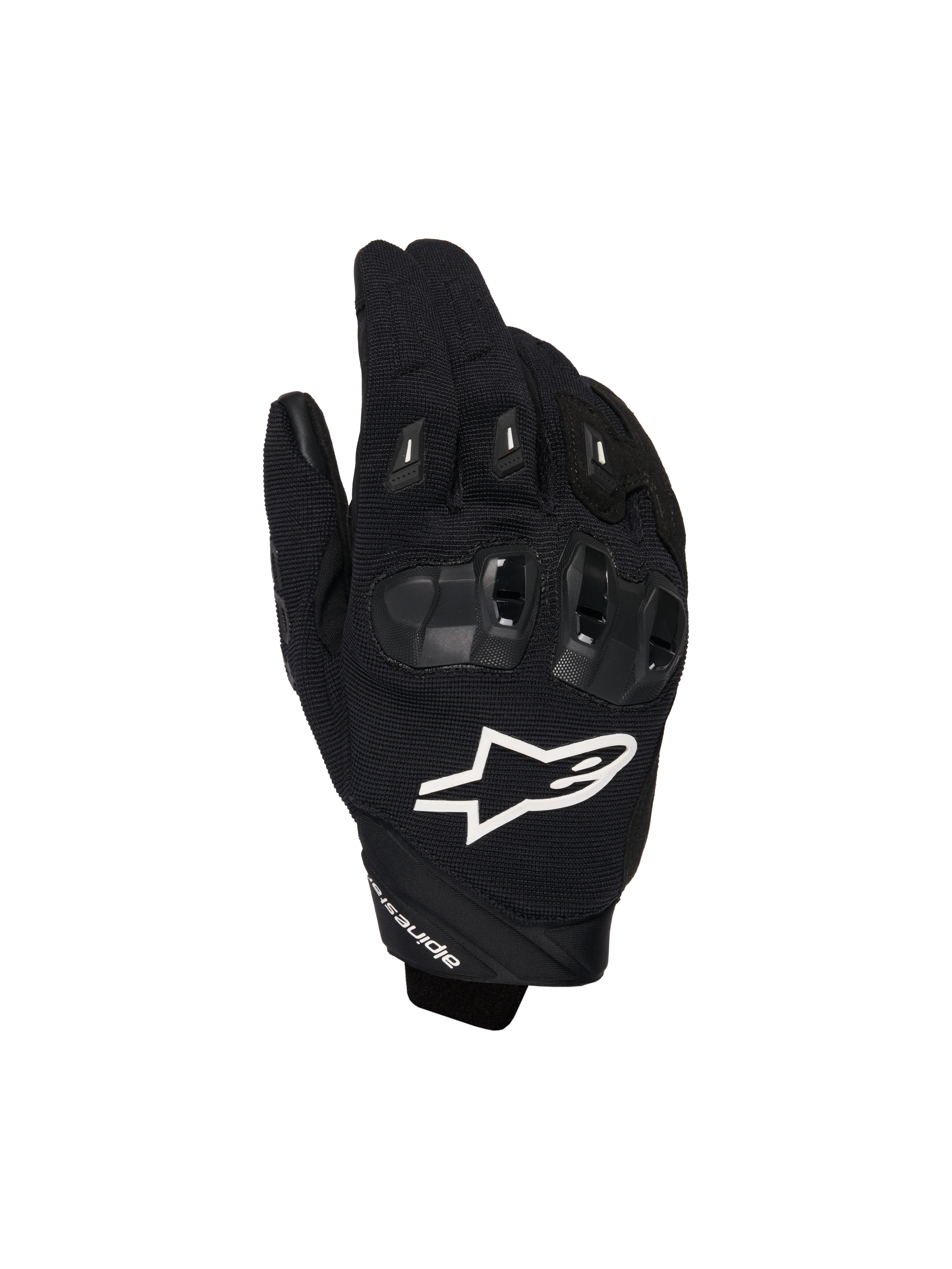 Guanti Alpinestars SP X 1, guanti sportivi da moto, neri con logo bianco, vista dall'alto che mostra la protezione delle nocche in TPR e il tessuto in mesh ventilato, abbigliamento protettivo per guida su strada e sportiva