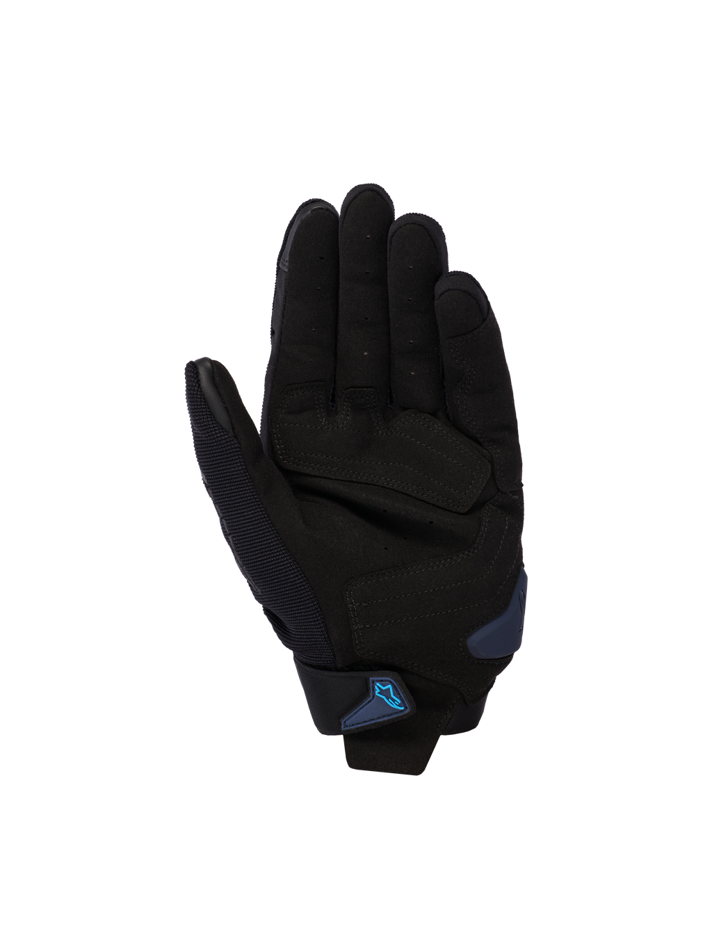 Guanti Alpinestars SP X 1, nero e Blithe Blue, vista del palmo con palmo in pelle sintetica e zone di impatto rinforzate, slider del palmo blu e cinturino al polso con logo Alpinestars blu, abbigliamento moto sportivo da strada