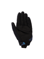 Guanti Alpinestars SP X 1, nero e Blithe Blue, vista del palmo con palmo in pelle sintetica e zone di impatto rinforzate, slider del palmo blu e cinturino al polso con logo Alpinestars blu, abbigliamento moto sportivo da strada