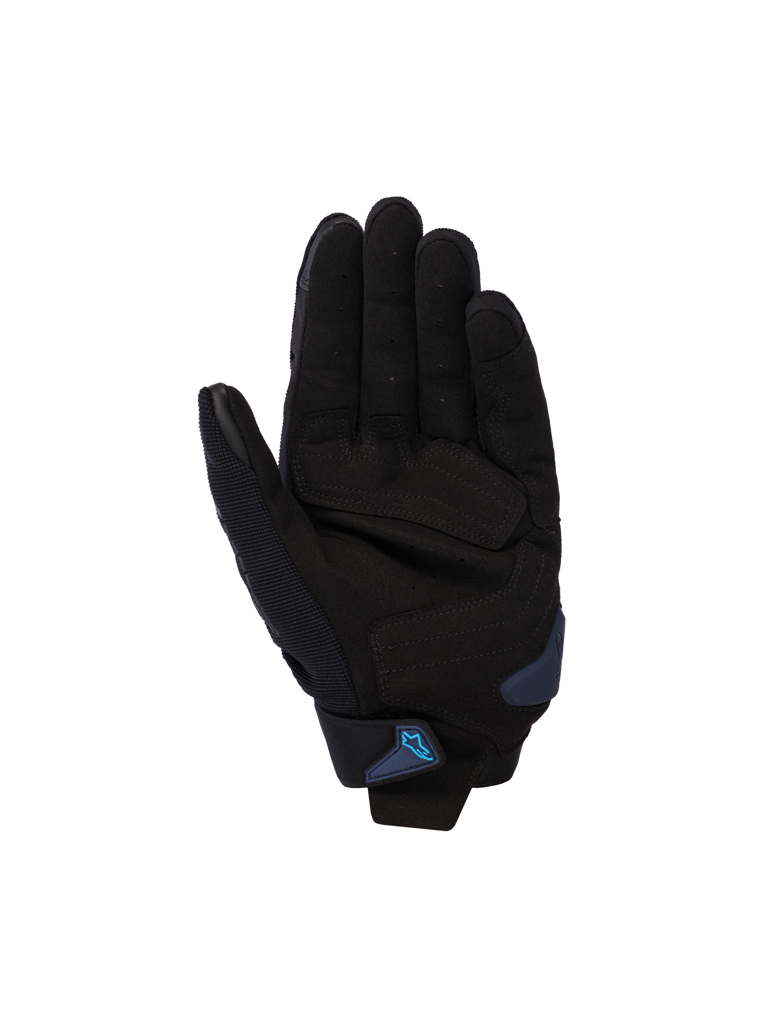 Guanti Alpinestars SP X 1, nero e Blithe Blue, vista del palmo con palmo in pelle sintetica e zone di impatto rinforzate, slider del palmo blu e cinturino al polso con logo Alpinestars blu, abbigliamento moto sportivo da strada