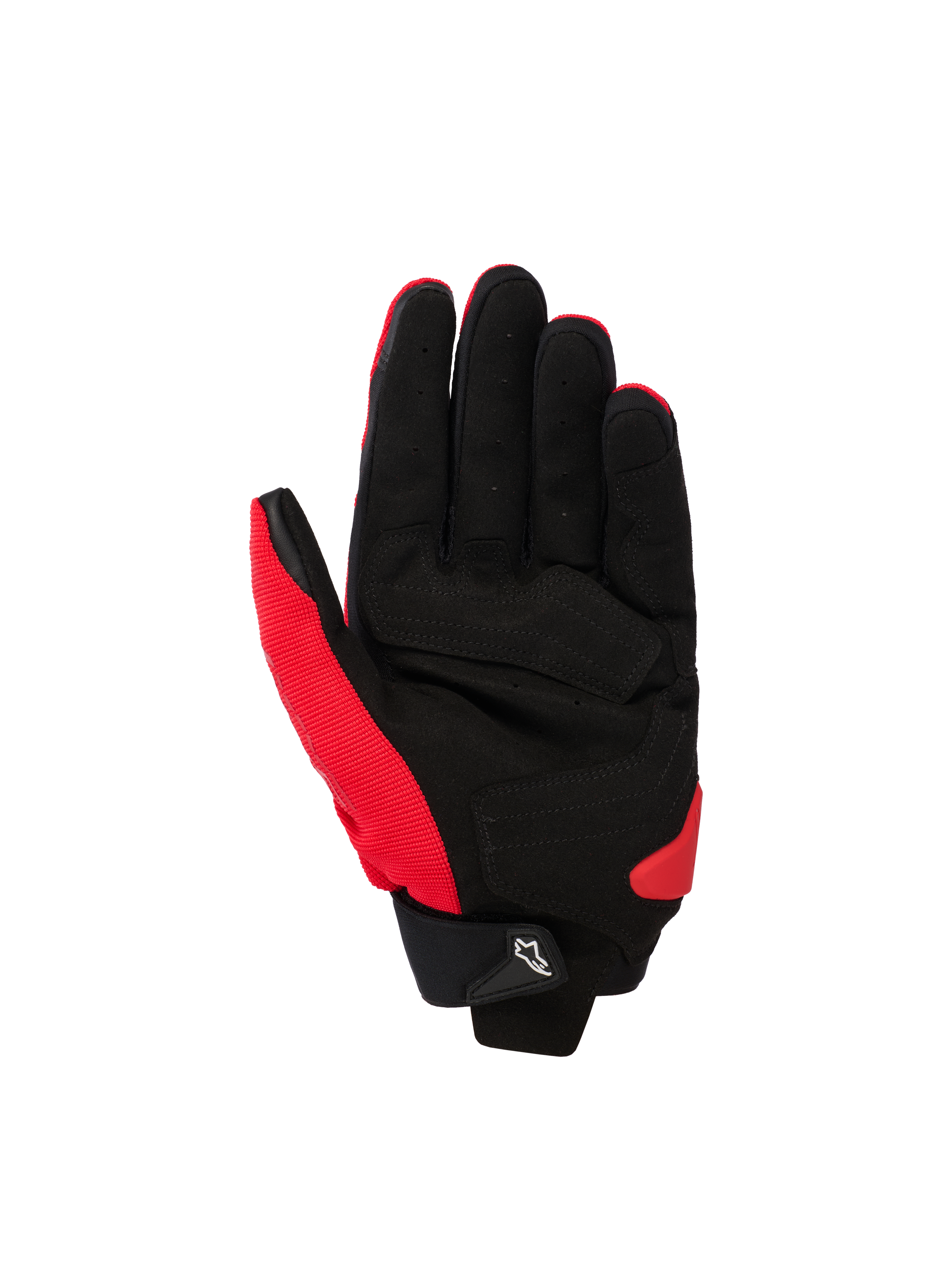 Alpinestars SP X 1 Gloves, guanti da moto sportivi, rosso acceso e nero, vista del palmo in pelle sintetica con zone rinforzate, tessuto elasticizzato rosso sul lato e sul pollice, polsino nero con linguetta e logo Astars bianco, slider del palmo in TPR rosso