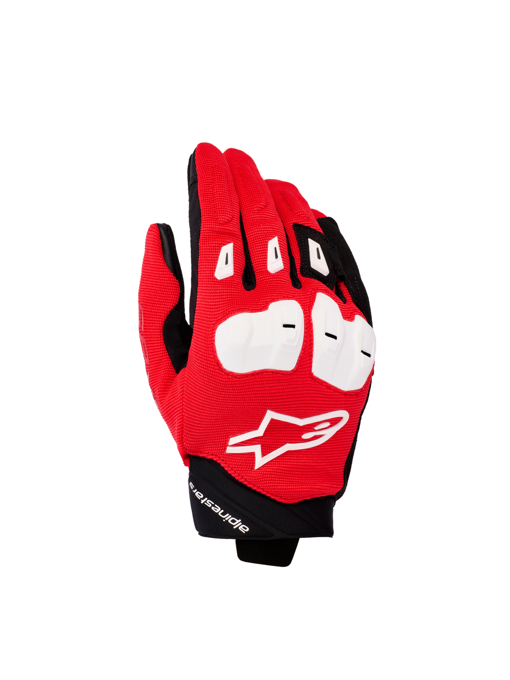 Guanti Alpinestars SP X 1, guanti sportivi da moto, rosso brillante, nero e bianco, con protezioni nocche in TPR bianche, dorso in tessuto rosso testurizzato con logo Astars bianco e polsino corto nero, abbigliamento tecnico da guida