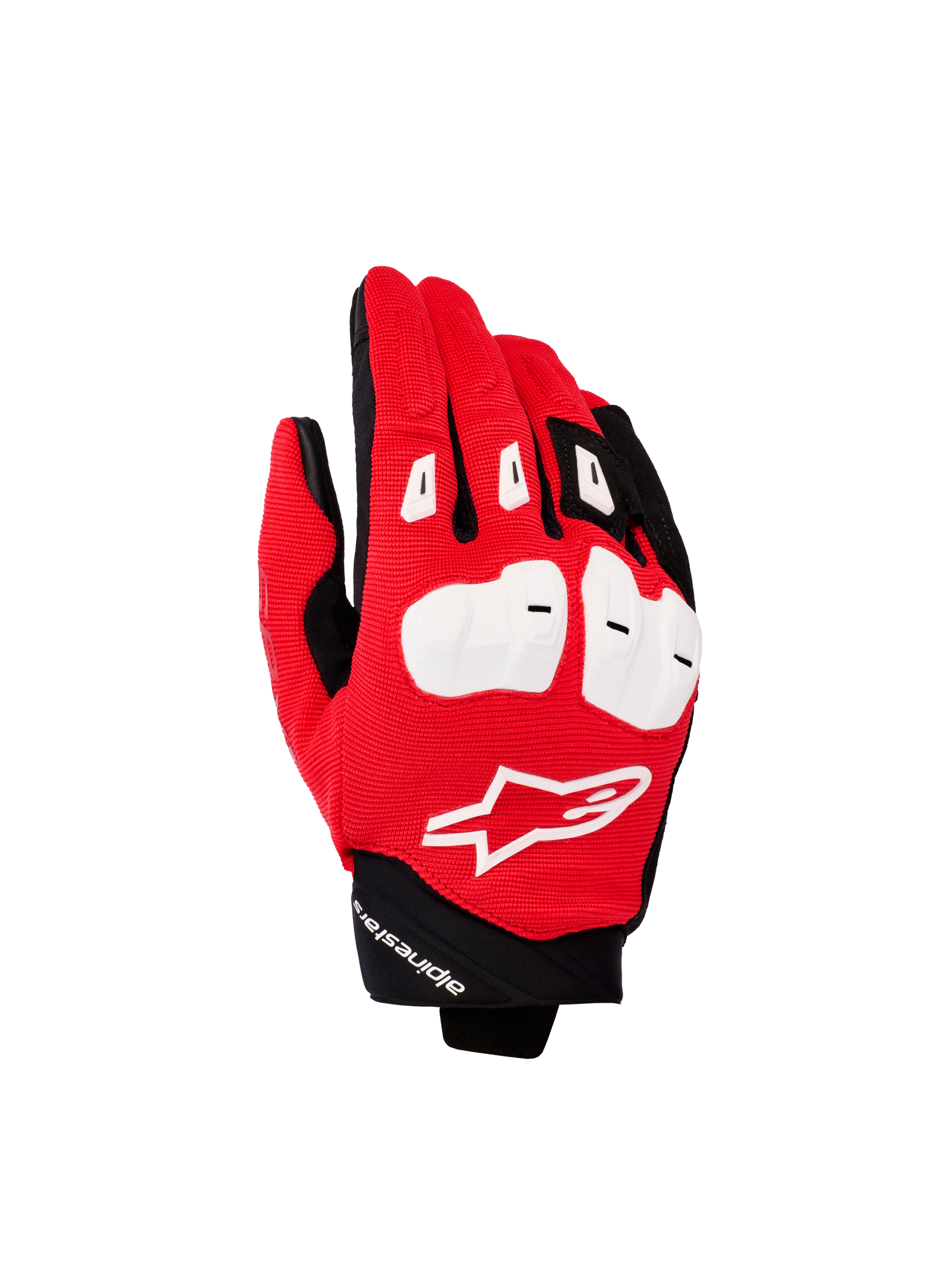 Guanti Alpinestars SP X 1, guanti sportivi da moto, rosso brillante, nero e bianco, con protezioni nocche in TPR bianche, dorso in tessuto rosso testurizzato con logo Astars bianco e polsino corto nero, abbigliamento tecnico da guida