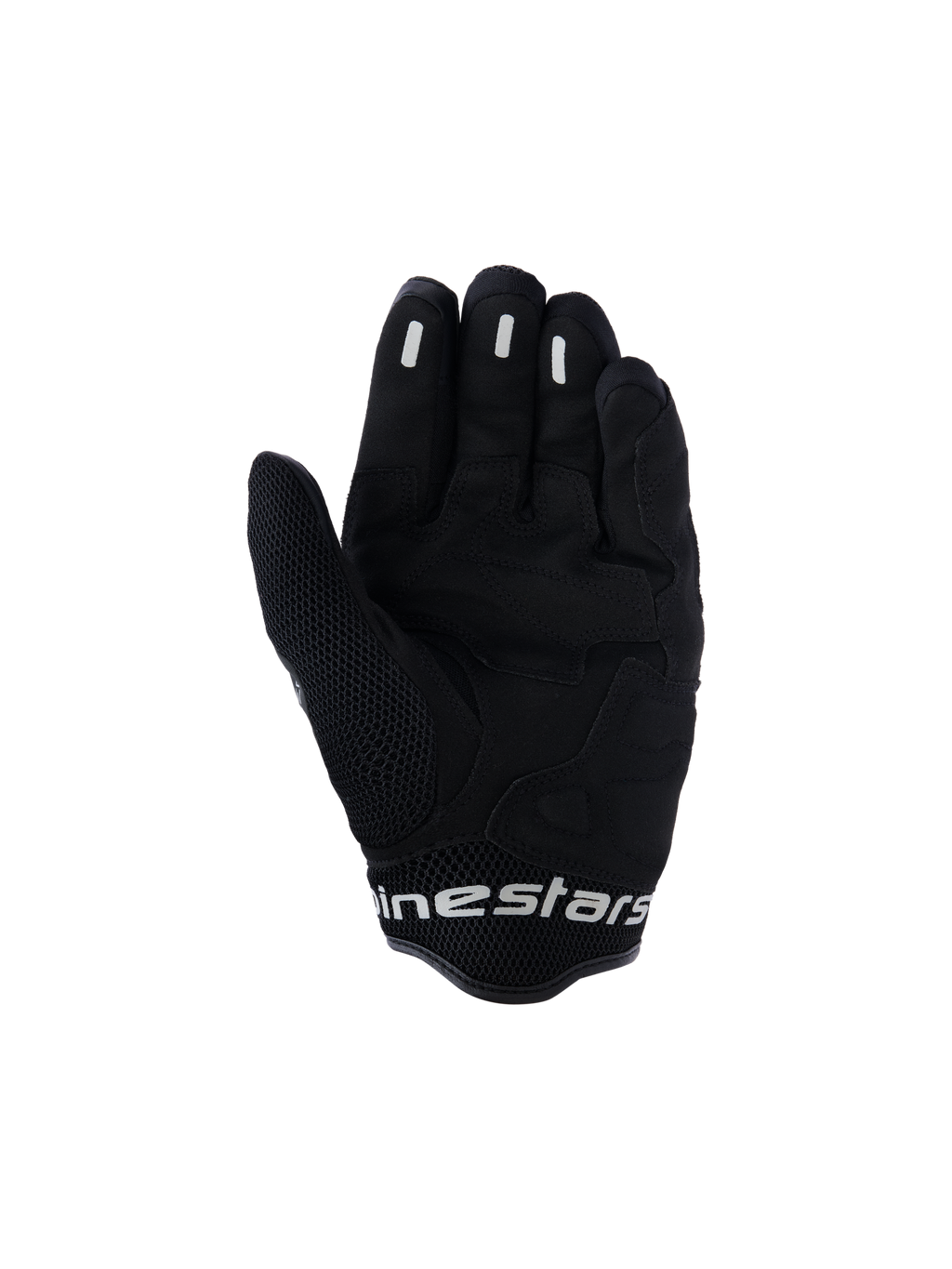 Guanti Alpinestars Mogress Airflow, guanti da moto urban, Anthracite Black, vista del palmo con rinforzi sintetici e zone in mesh 3D, inserti in silicone sulle dita per il grip, polsino corto con logo bianco