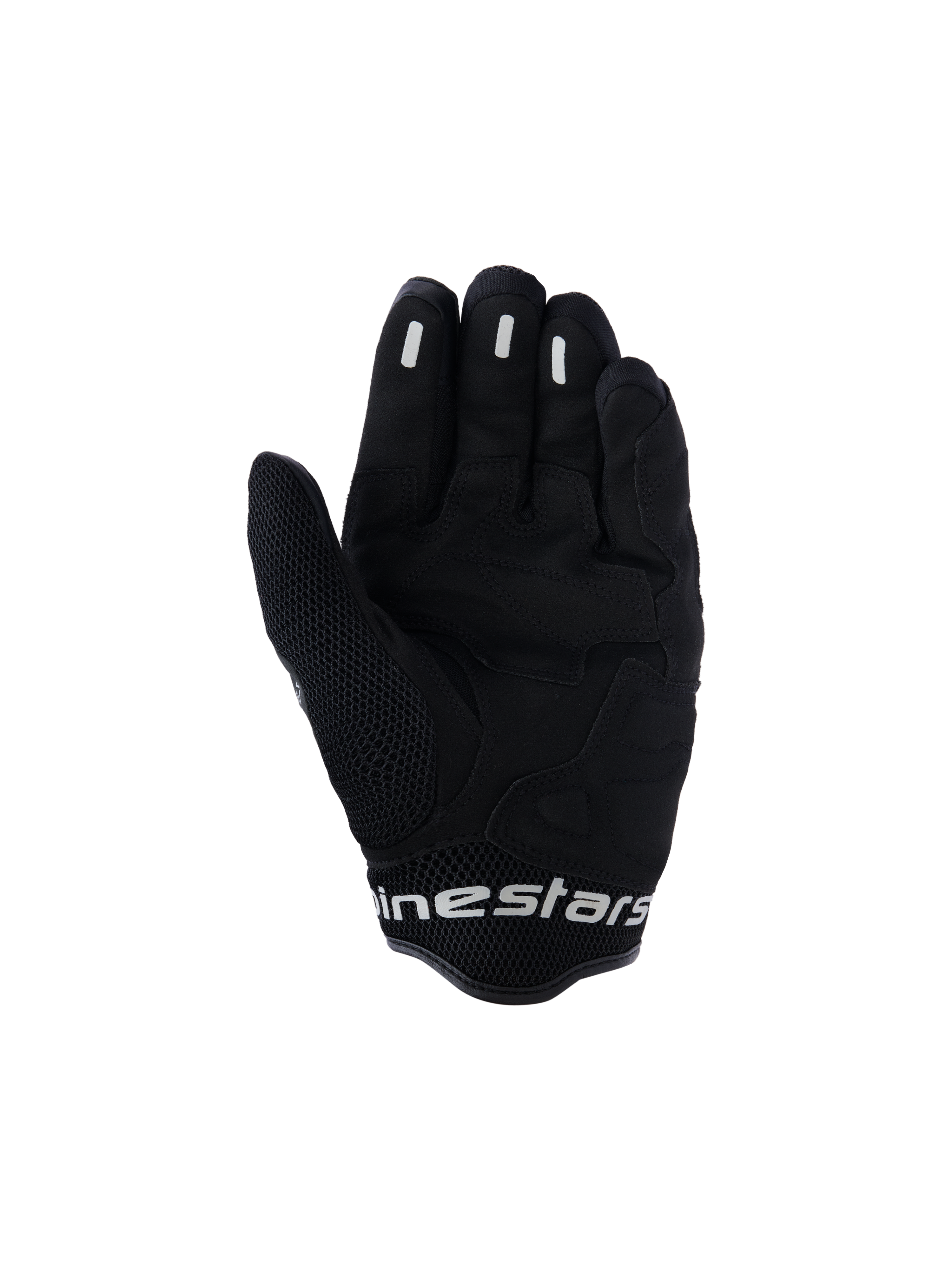 Guanti Alpinestars Mogress Airflow, guanti da moto urban, Anthracite Black, vista del palmo con rinforzi sintetici e zone in mesh 3D, inserti in silicone sulle dita per il grip, polsino corto con logo bianco